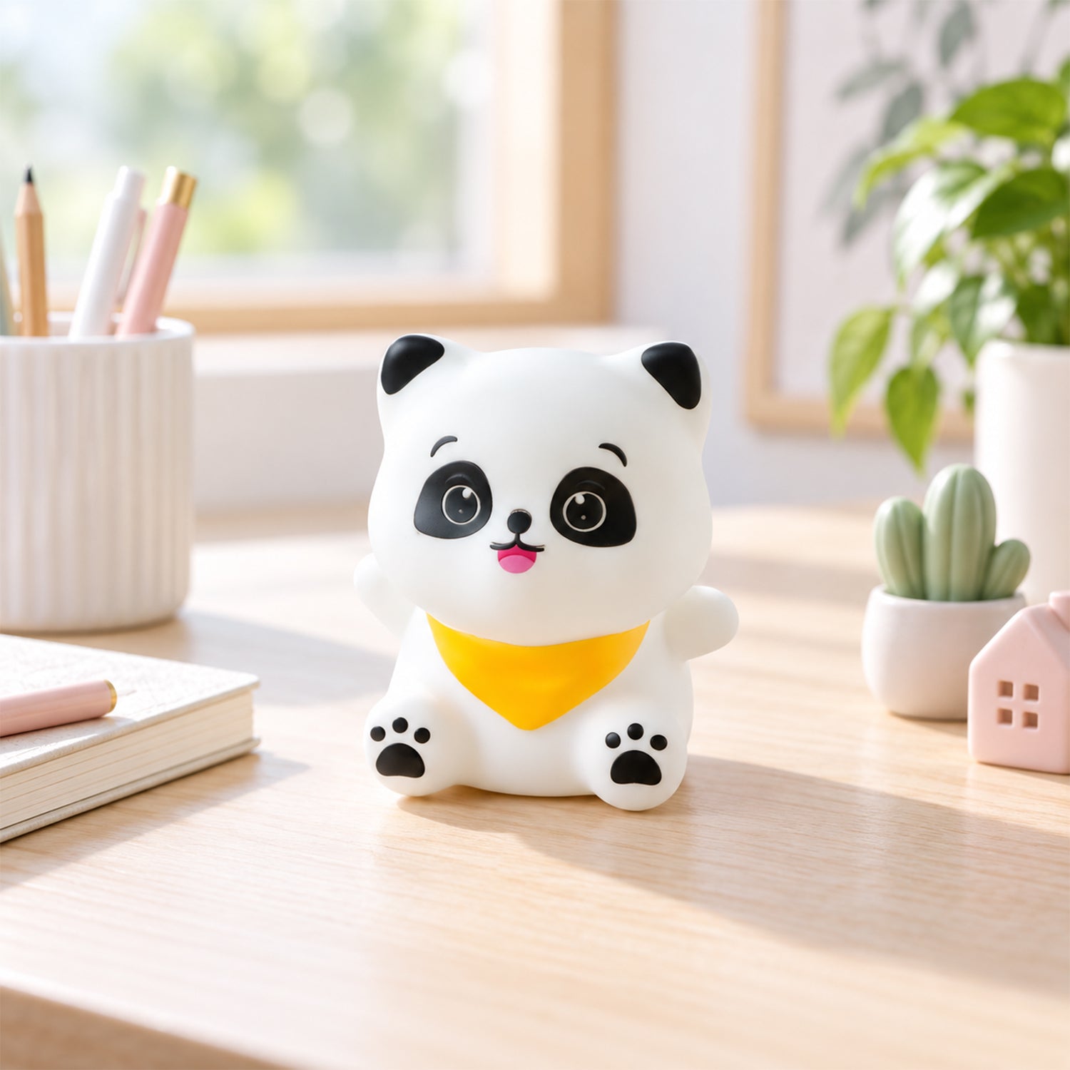 The panda night light sits unlit on a wooden desk with office supplies and small potted plants.
