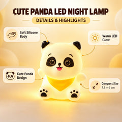 The glowing panda night light with text highlighting its soft silicone body, warm LED glow, and compact size.