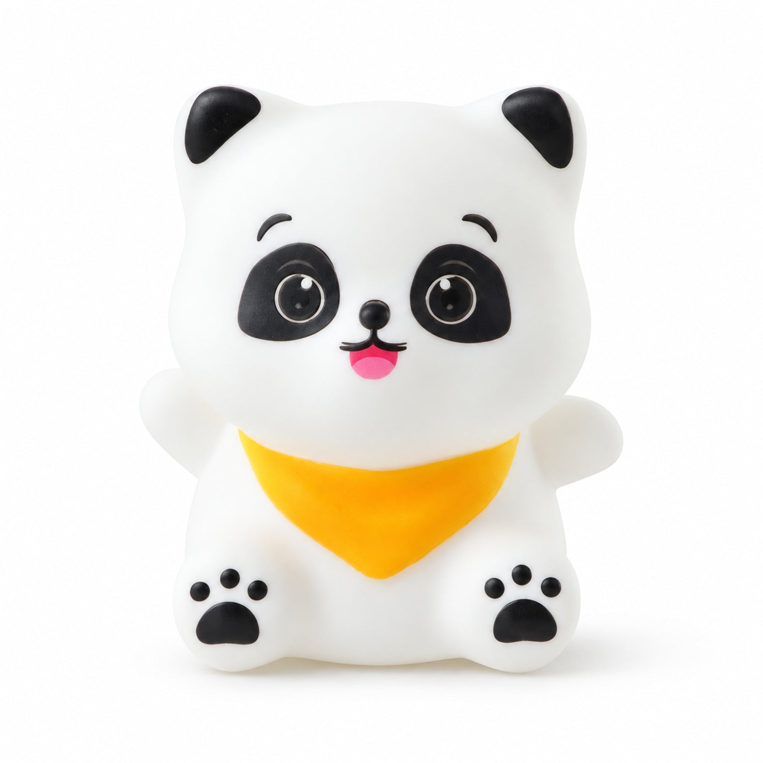 A white panda-shaped night light with black ears, eyes, and paw prints, wearing a yellow bandana.