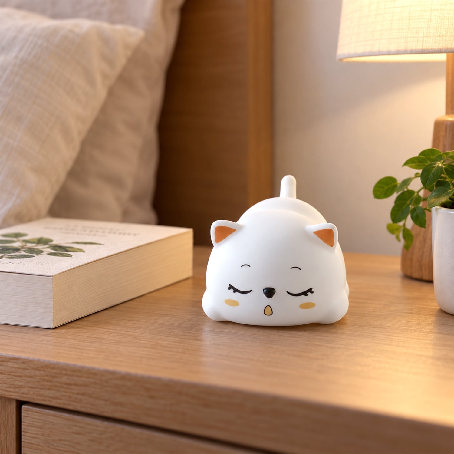 Sleeping cat night light illuminated with warm glow