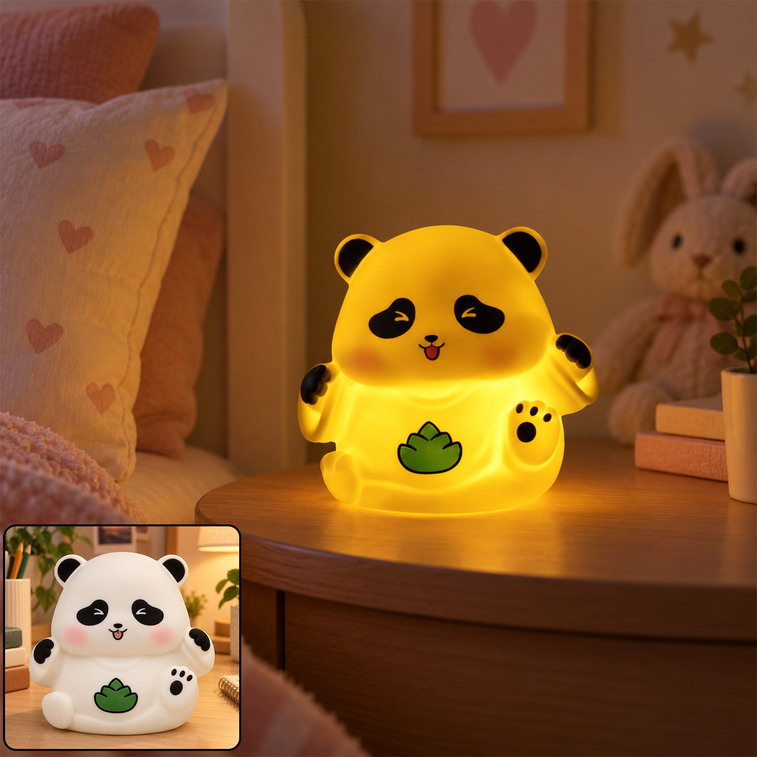 A glowing yellow panda night light sits on a wooden bedside table with a pink pillow and bunny plush in the background.