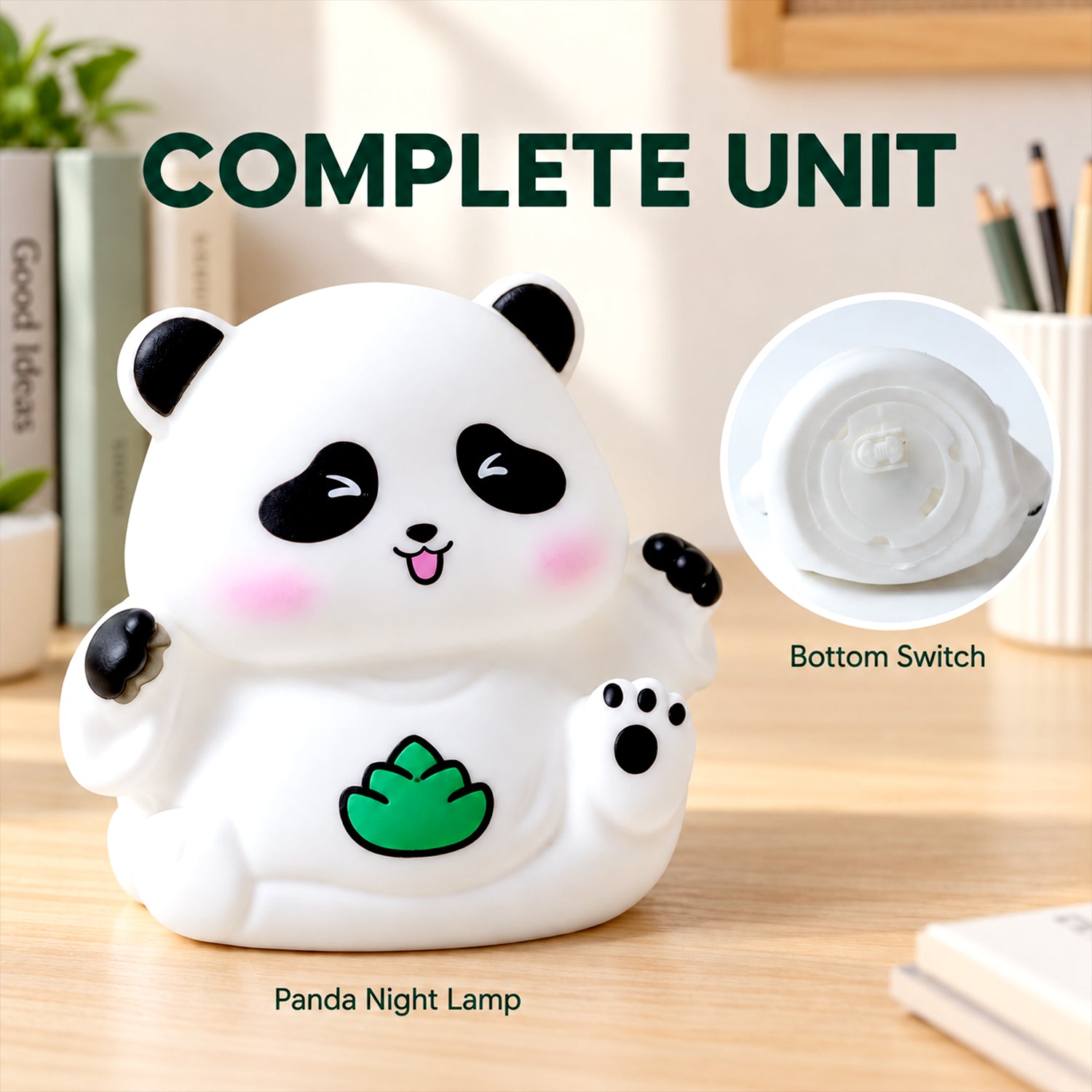 A white panda night lamp with a green leaf design, showing its bottom switch detail.
