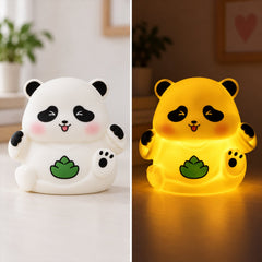 A split image showing the panda night light in white (off) and glowing yellow (on) states.