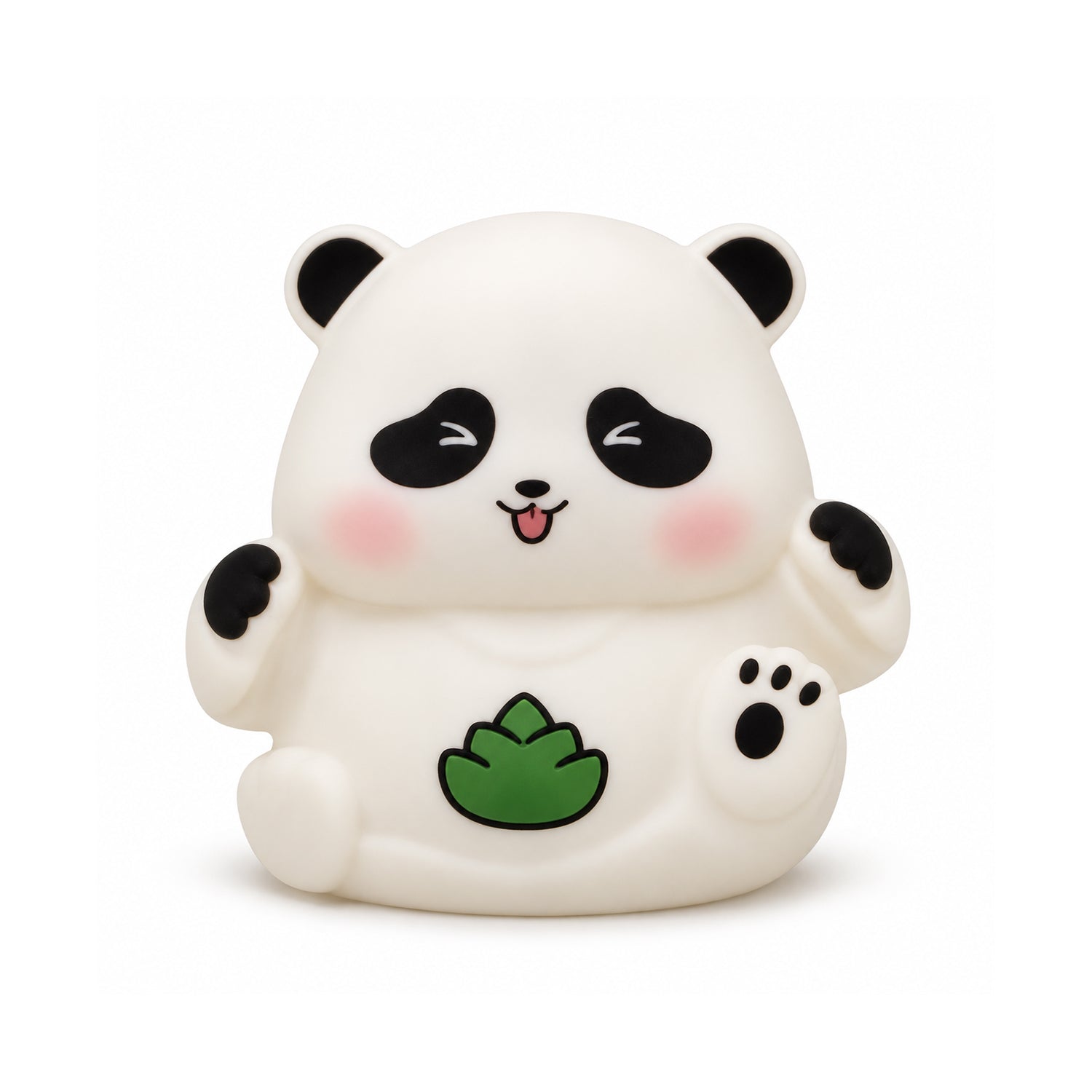 A white panda night light with black ears, eye patches, and paws, featuring a green leaf on its belly.