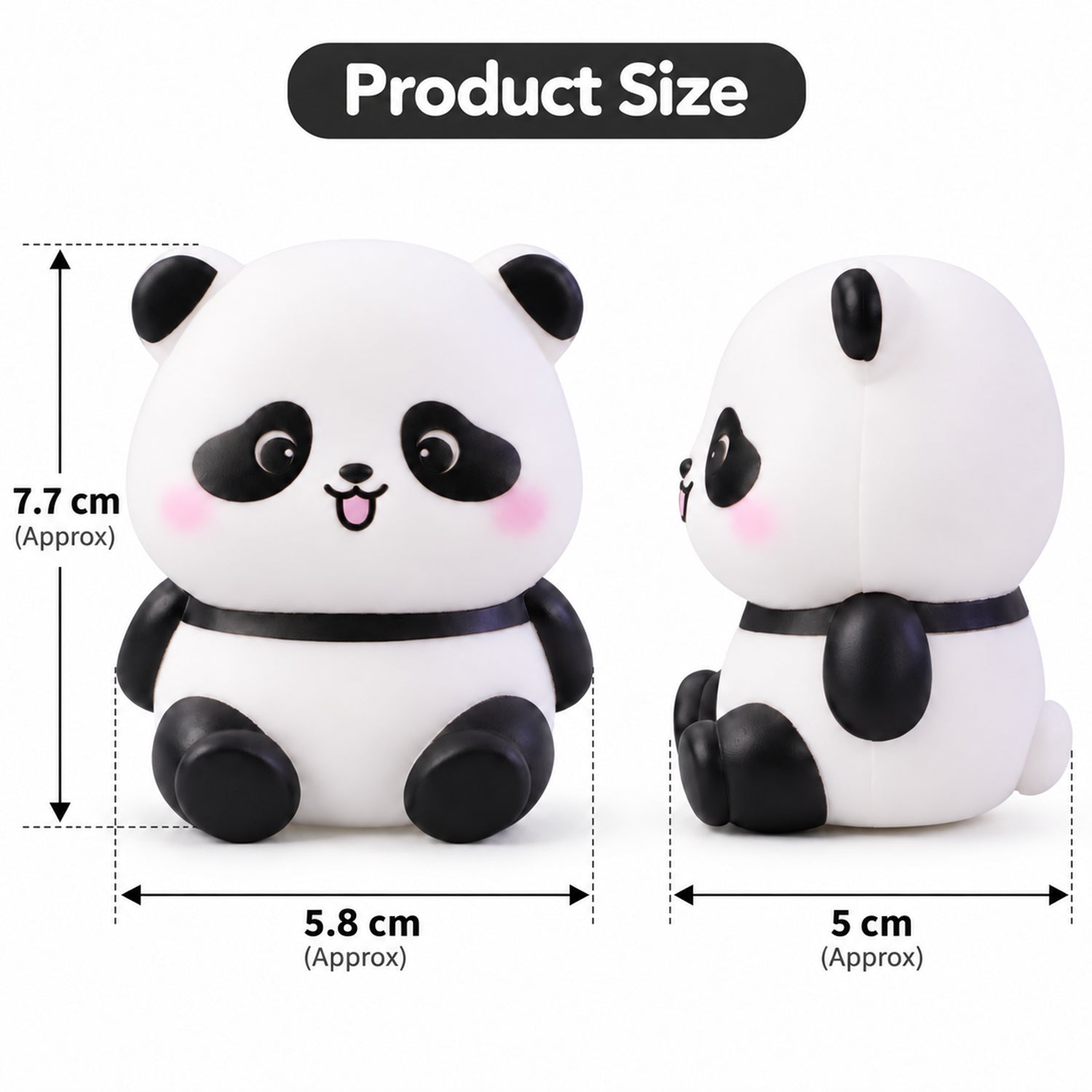 Front and side views of the panda night light with dimensions indicating its height, width, and depth.