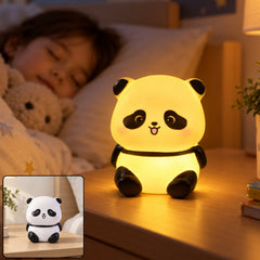 A glowing panda night light sits on a bedside table next to a sleeping child and a small inset shows the light turned off.