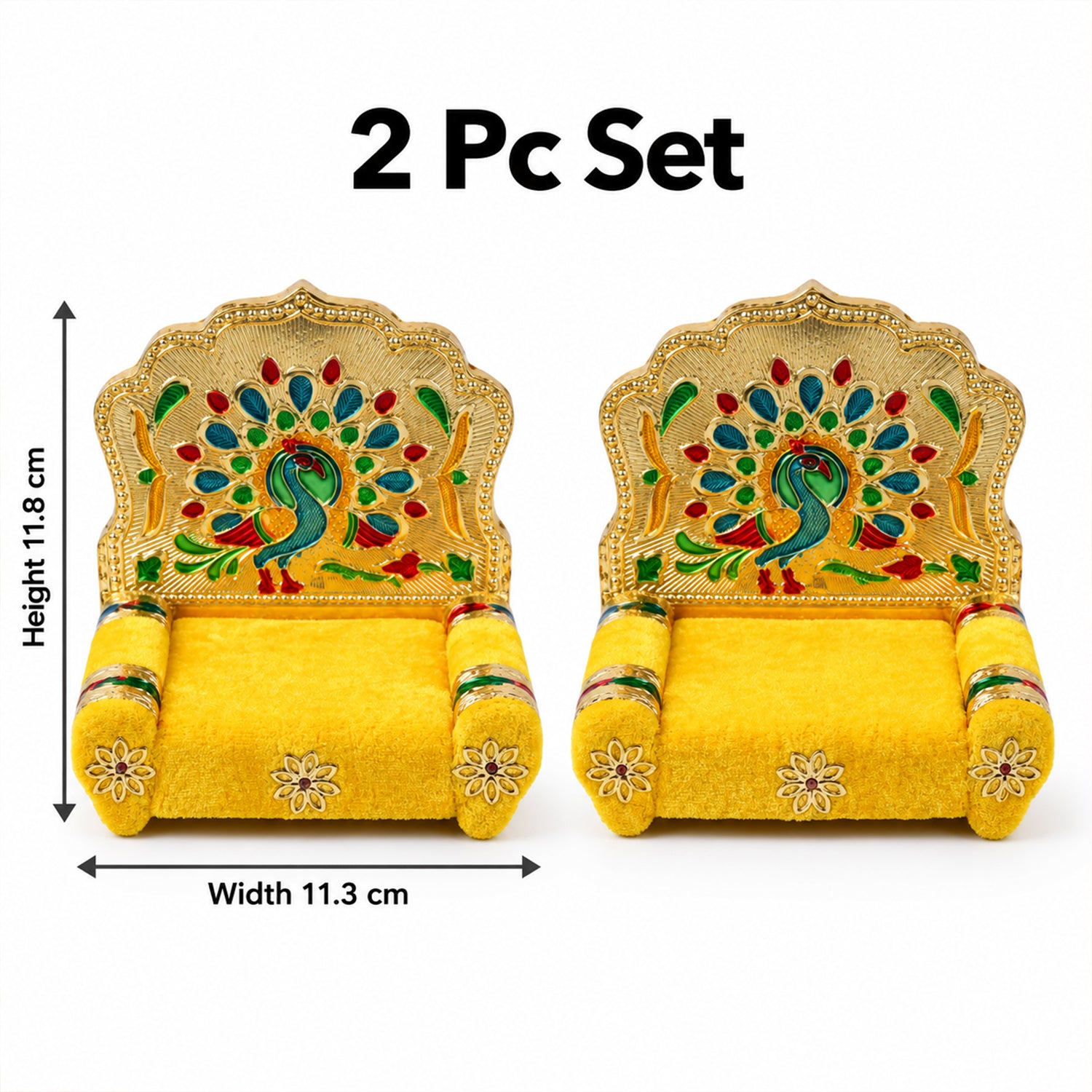 Two yellow velvet singhasans with golden peacock backrests, featuring height and width measurements on a white background.