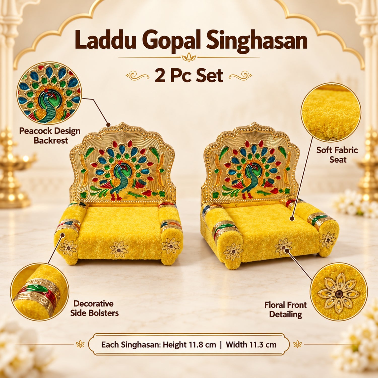 Two yellow singhasans with golden peacock backrests, shown with text highlighting features like seat, backrest, and