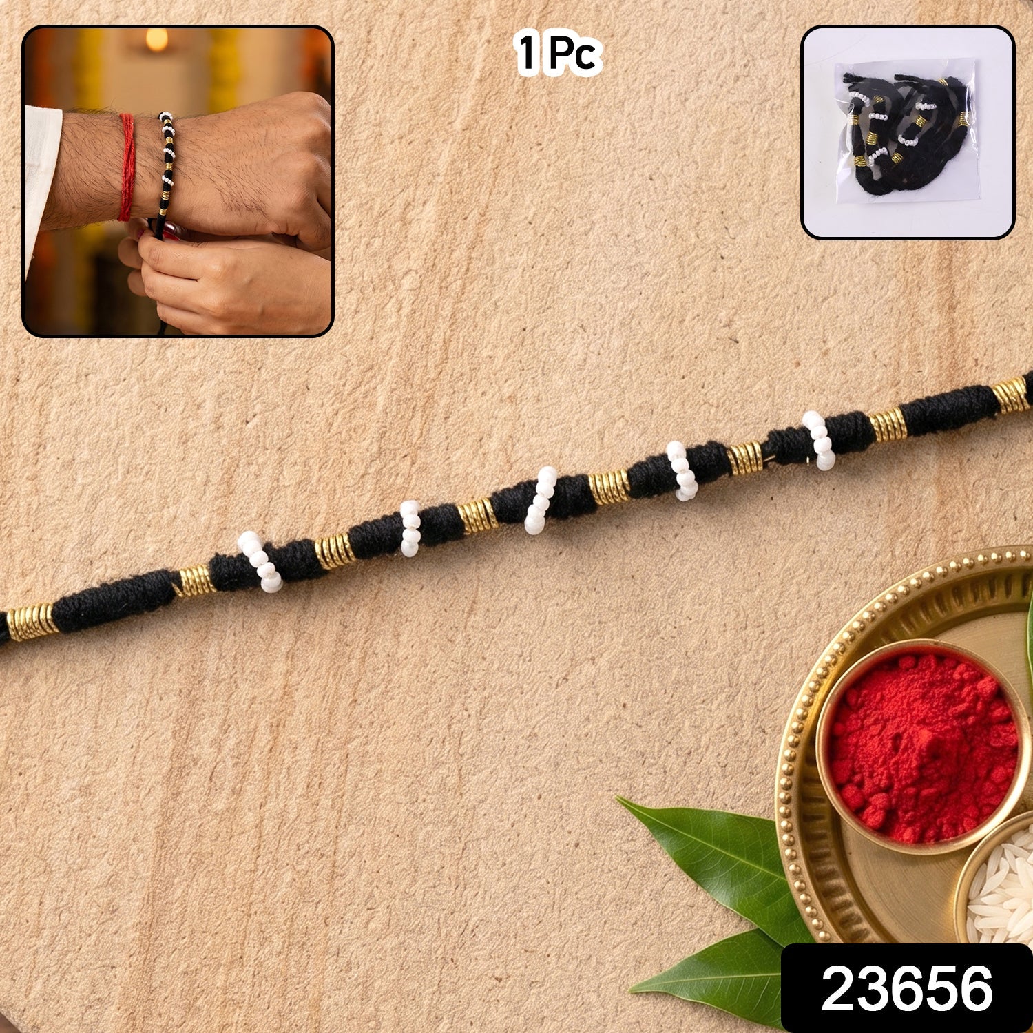 Handmade Black Bracelet Rakhi with White Beads (1 Pc)