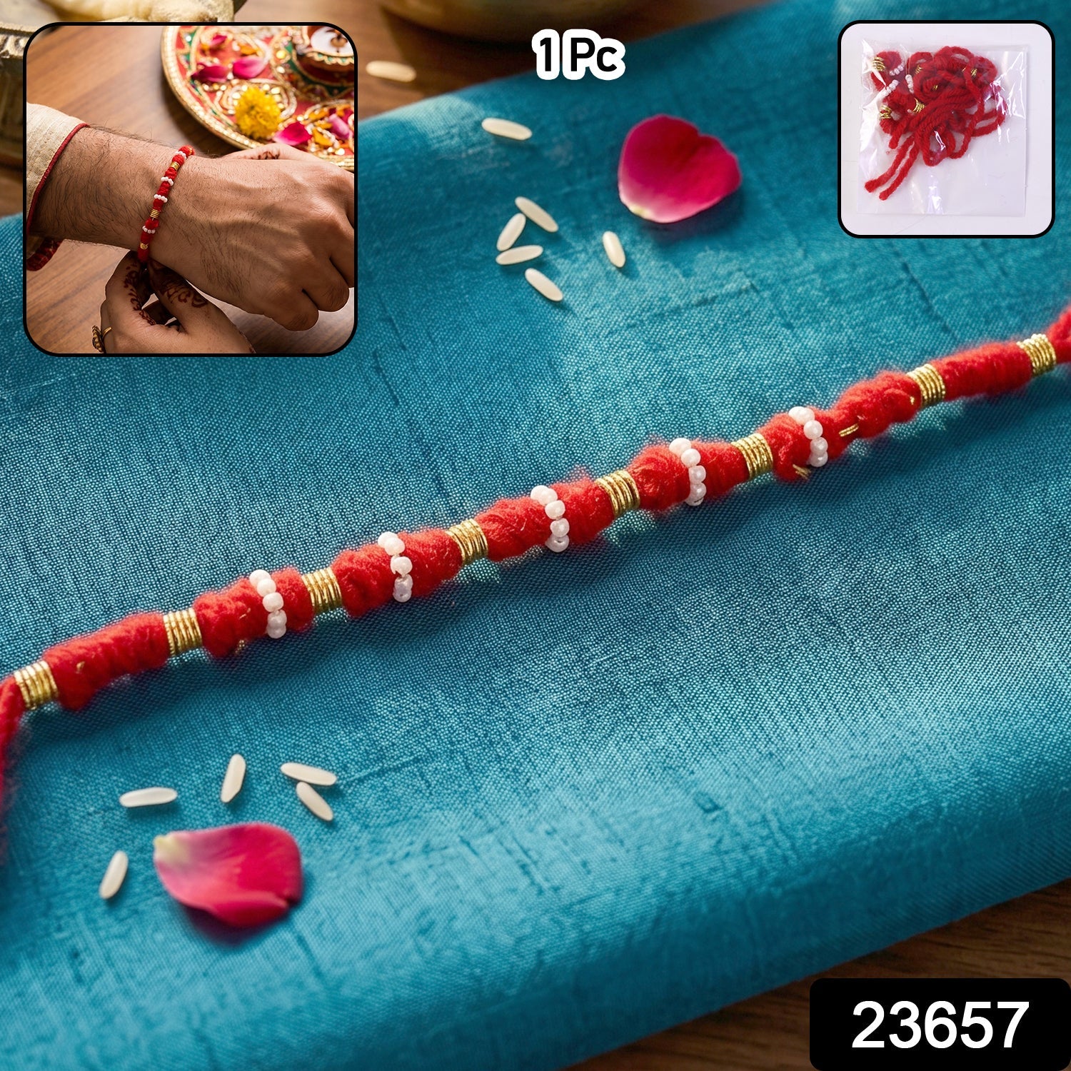 Handmade Red Bracelet Rakhi with White Beads (1 Pc)