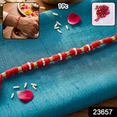Handmade Red Bracelet Rakhi with White Beads (1 Pc)