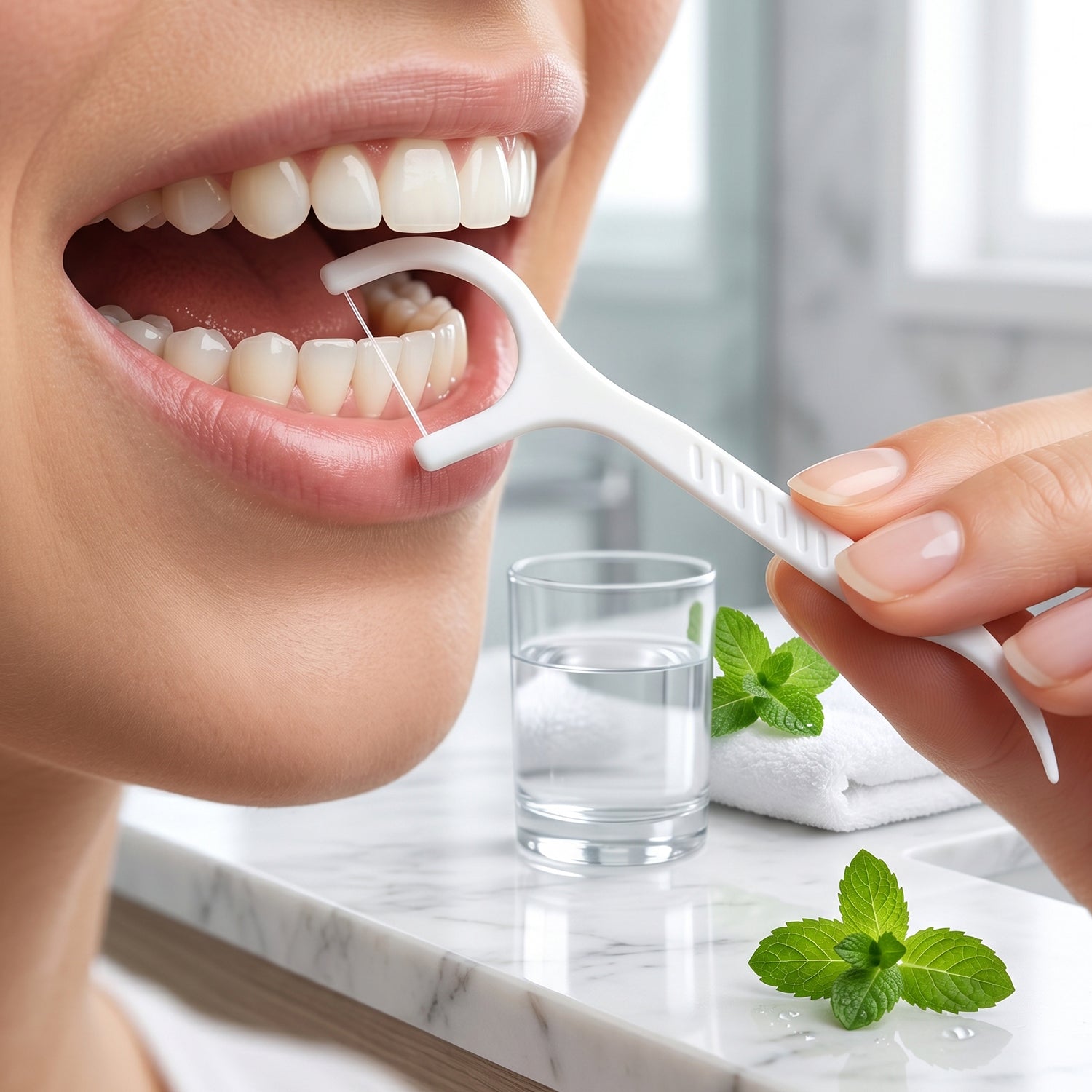 Dental flosser sticks removing food particles