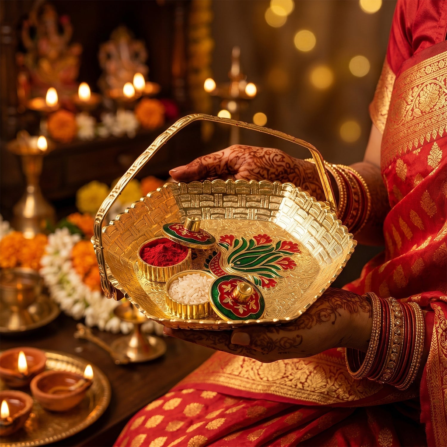 Golden Haldi Kumkum Roli Chawal Holder with Meenakari work