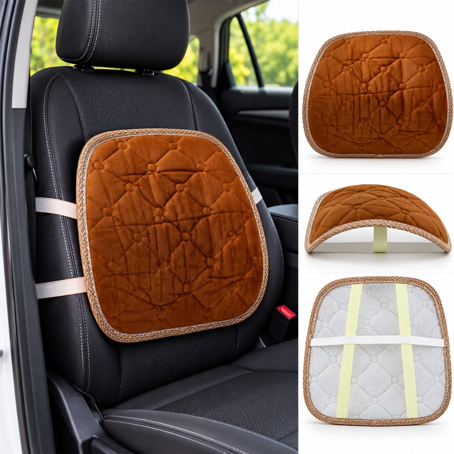 Composite image showing the brown cushion on a car seat, and three isolated views from front, side, and back.