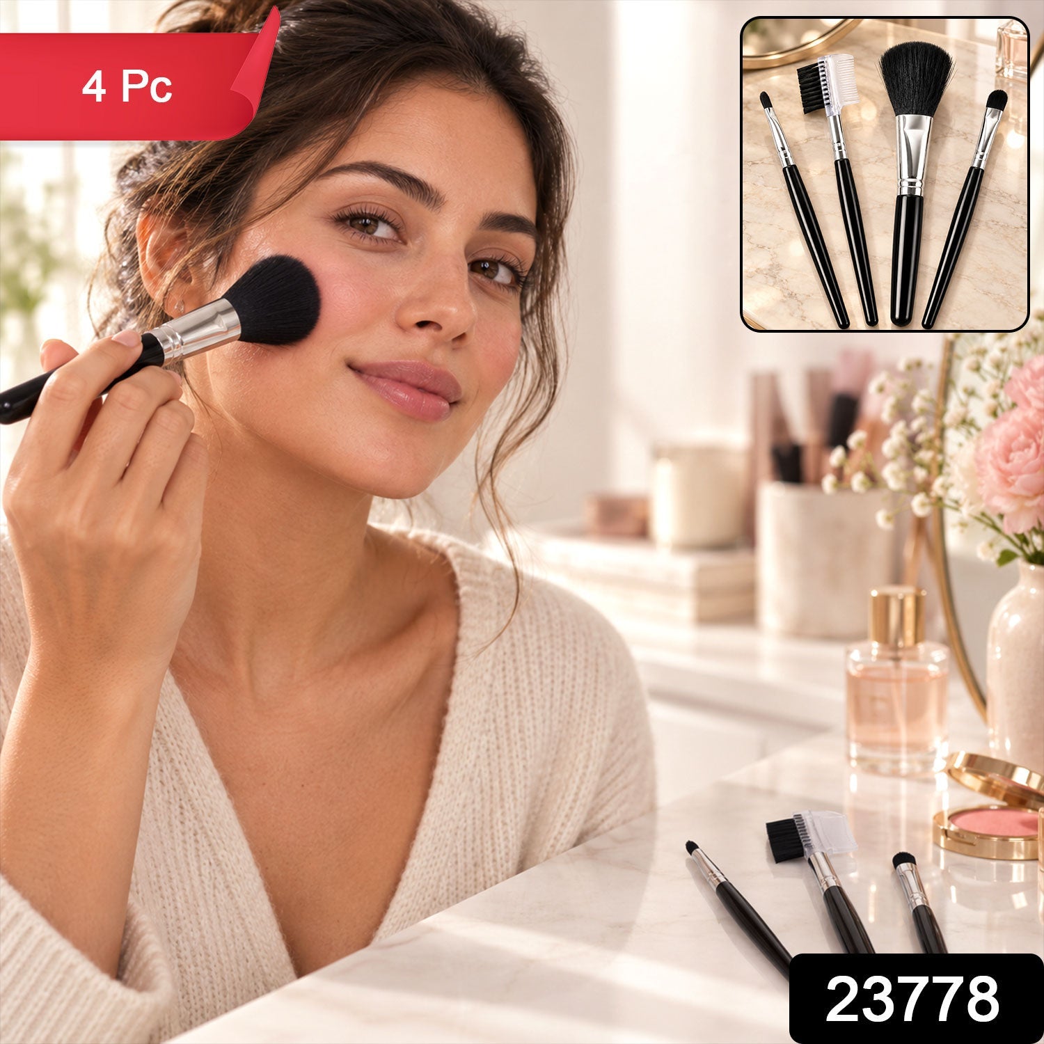 A woman applies blush with a large black and silver makeup brush, with three other brushes and a mirror on the â€“ view 2