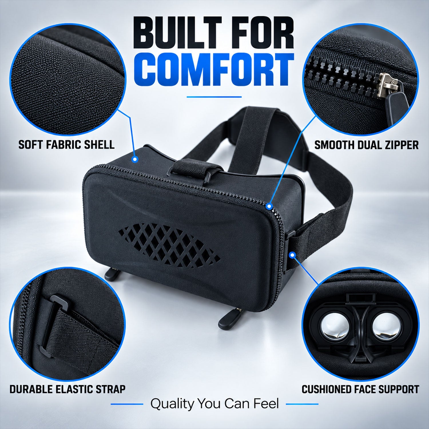 A black VR headset highlighting its soft fabric shell, smooth zipper, and cushioned face support.