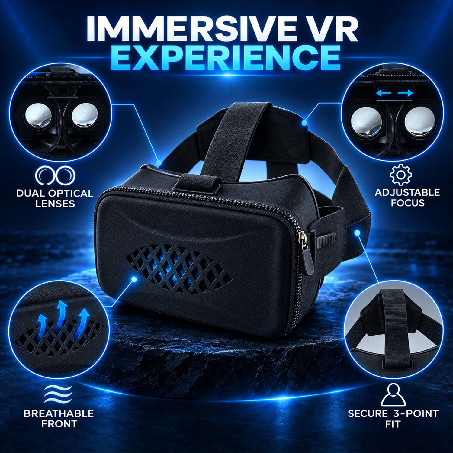 A black VR headset showcasing dual lenses, adjustable focus, and a breathable front panel.