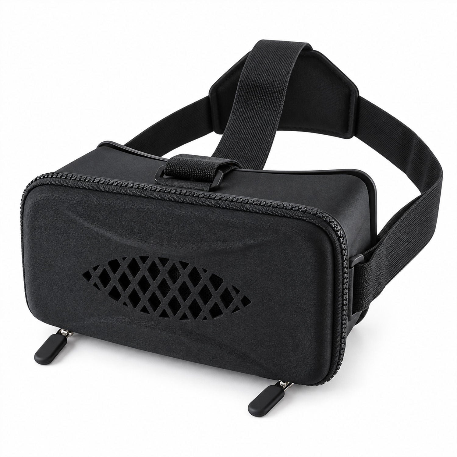 A black virtual reality headset with adjustable straps and a diamond-patterned front on a white background.