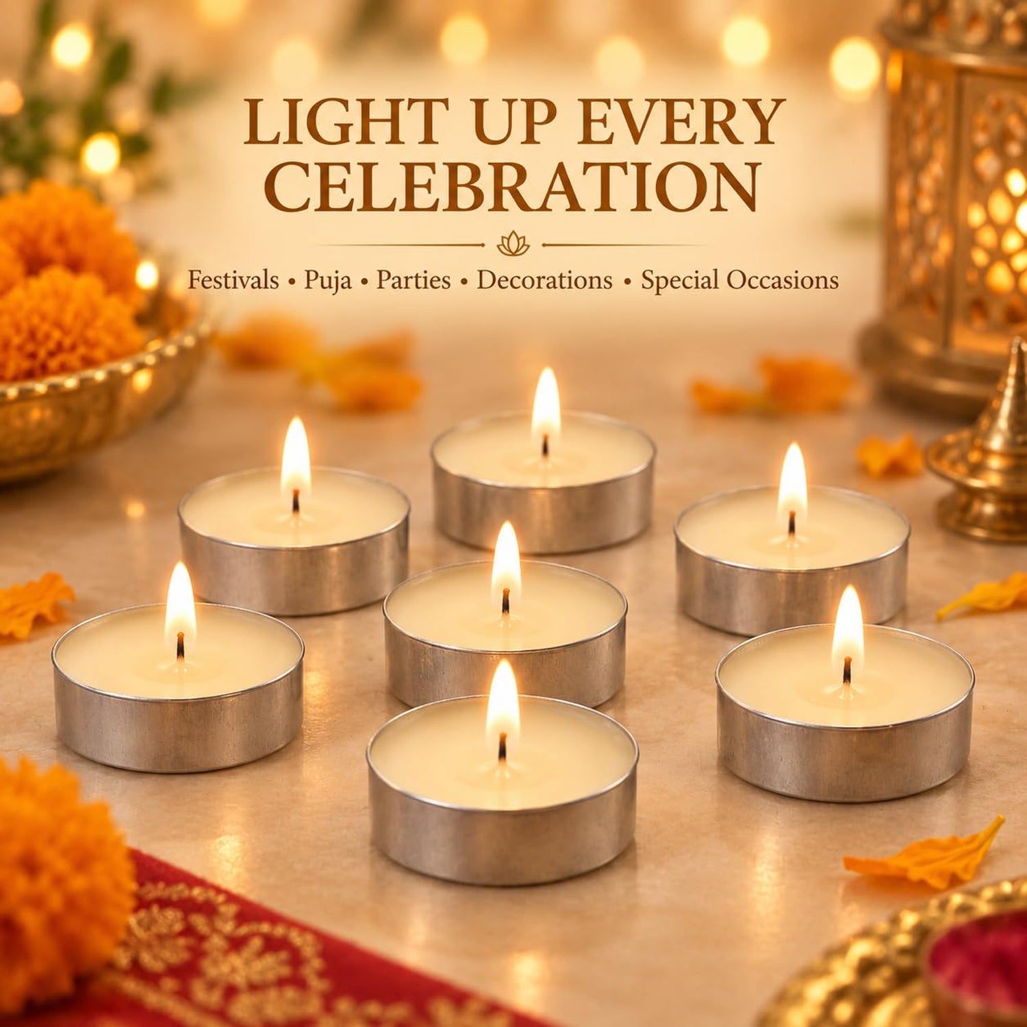 Seven lit tea light candles arranged on a table with decorative flowers and a lantern.