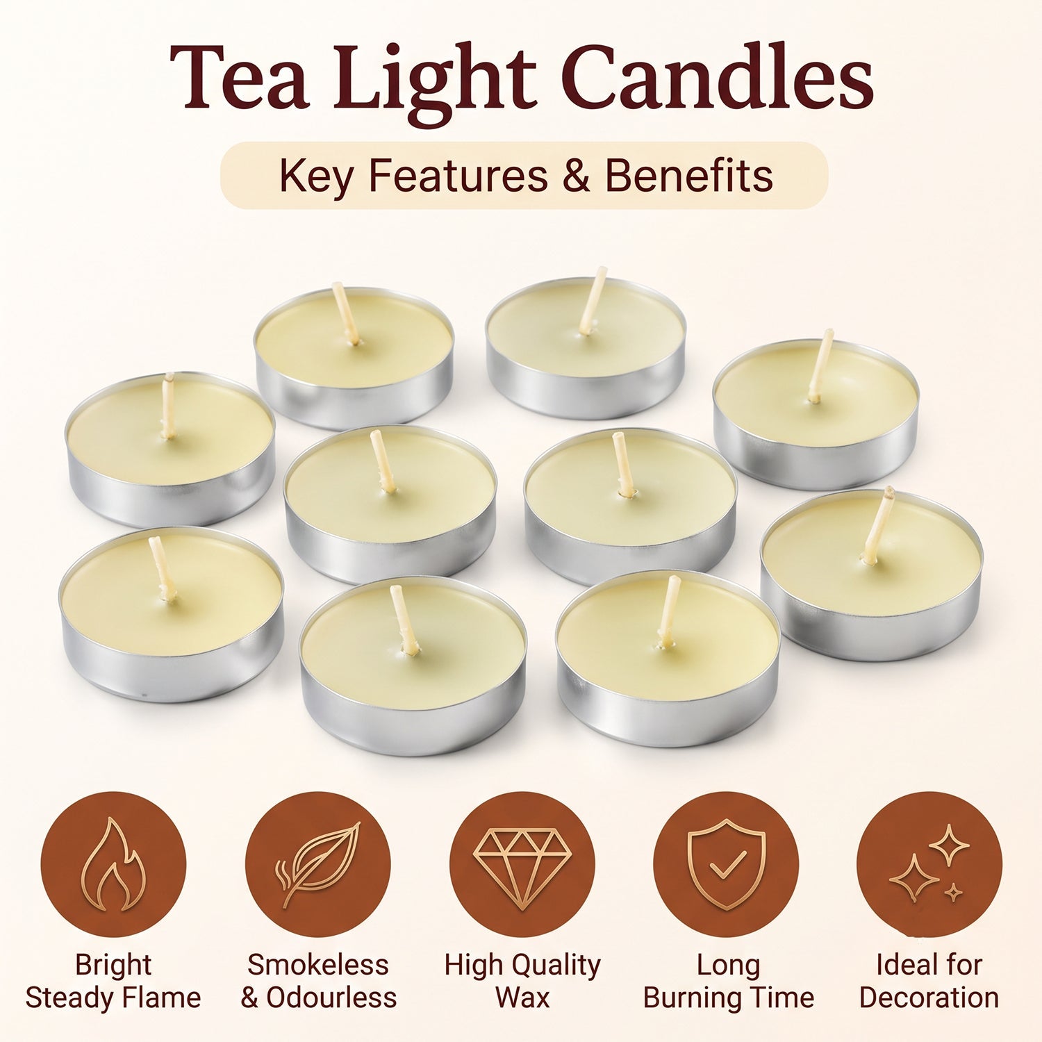 Ten unlit tea light candles with descriptions of their bright flame, smokeless, and long burning time.
