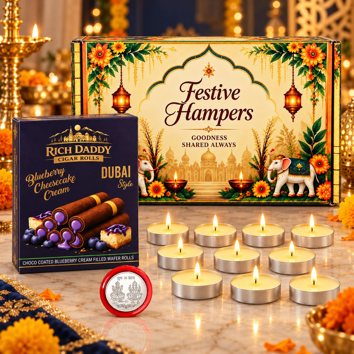 A festive hamper box, a small box of wafer rolls, and nine lit tea light candles are arranged on a marble surface with