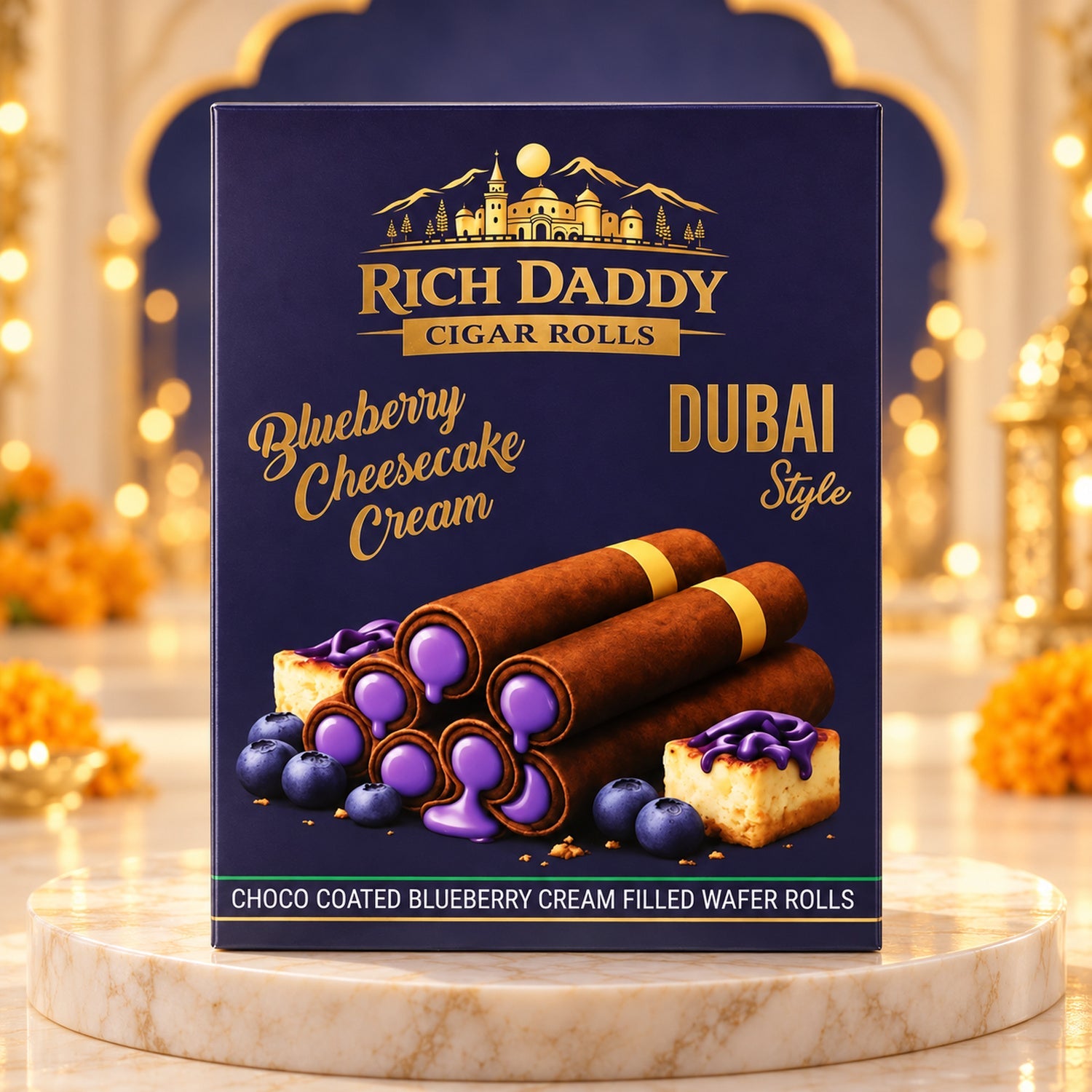 A dark blue box of Rich Daddy Blueberry Cheesecake Cream Wafer Rolls, showcasing chocolate-coated rolls with blueberry cream