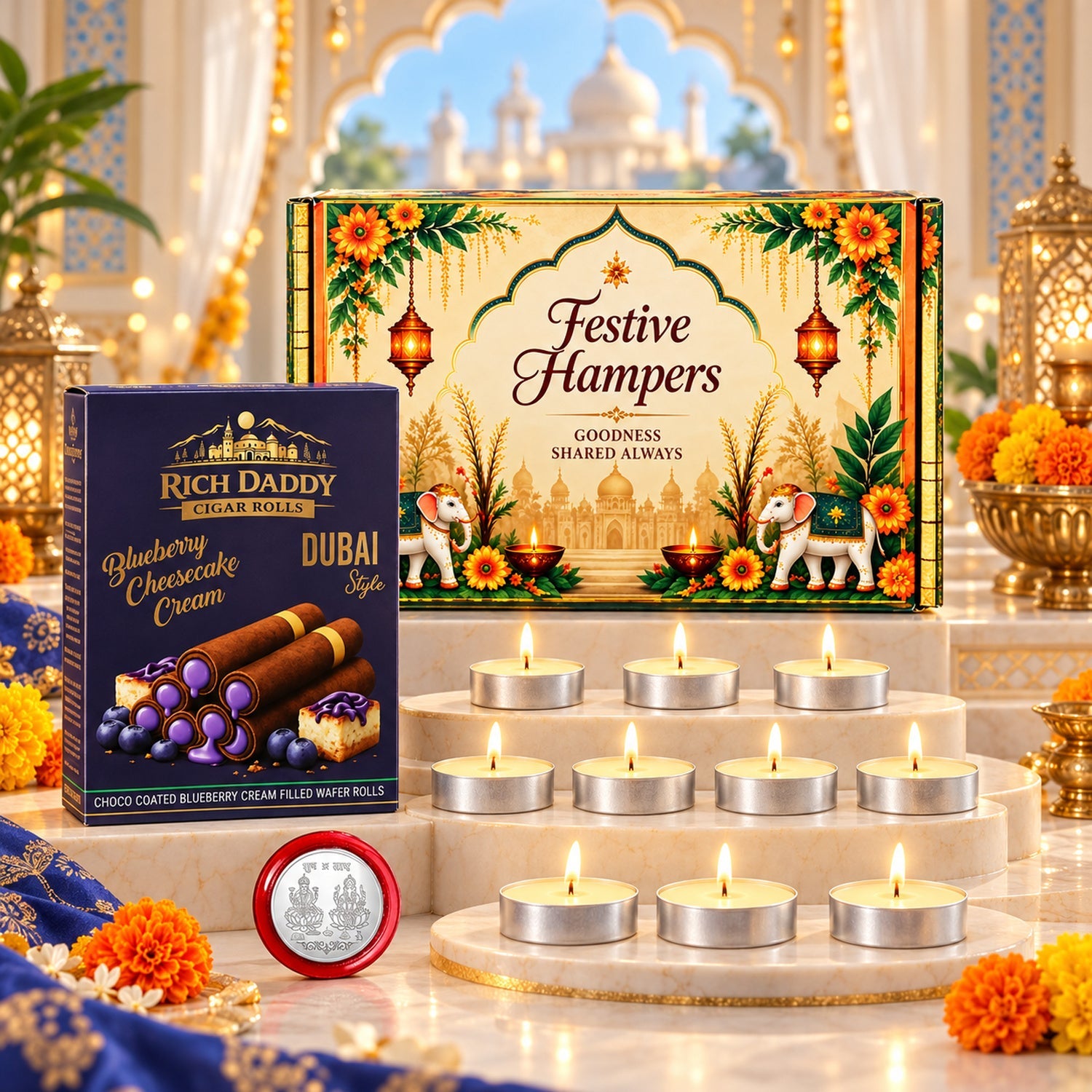 A festive hamper box, a small box of wafer rolls, and nine lit tea light candles are arranged on a marble surface â€“ view 7