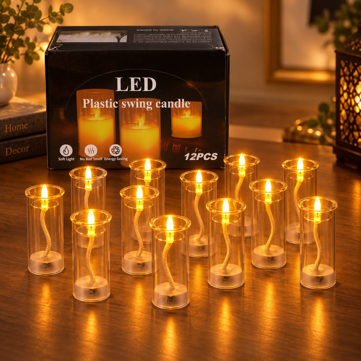 Twelve clear plastic LED swing candles with glowing yellow flames, arranged on a dark wooden surface next to their product