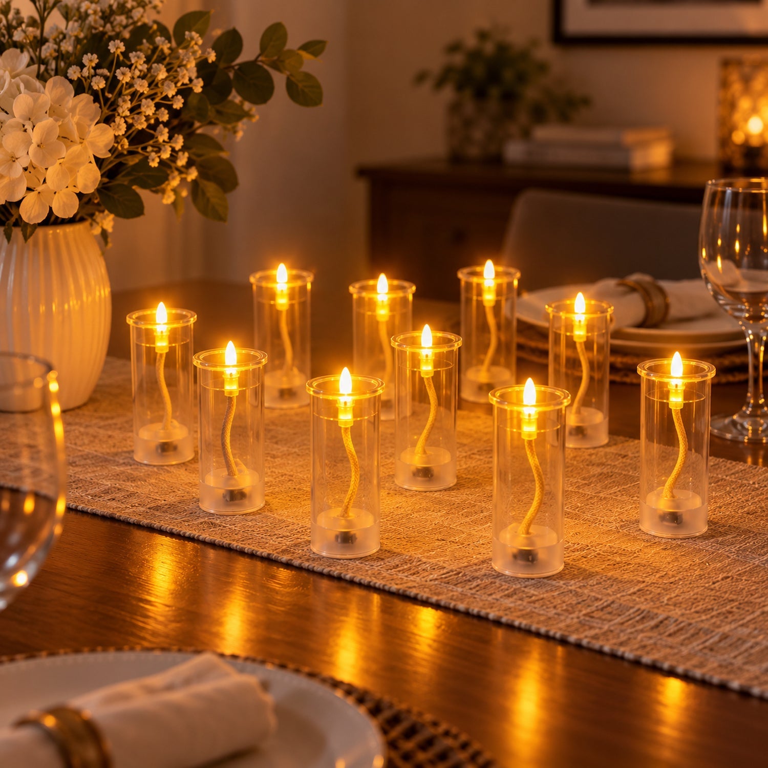 A set of twelve glowing LED swing candles on a table runner, part of a festive table setting with flowers and wine glasses.