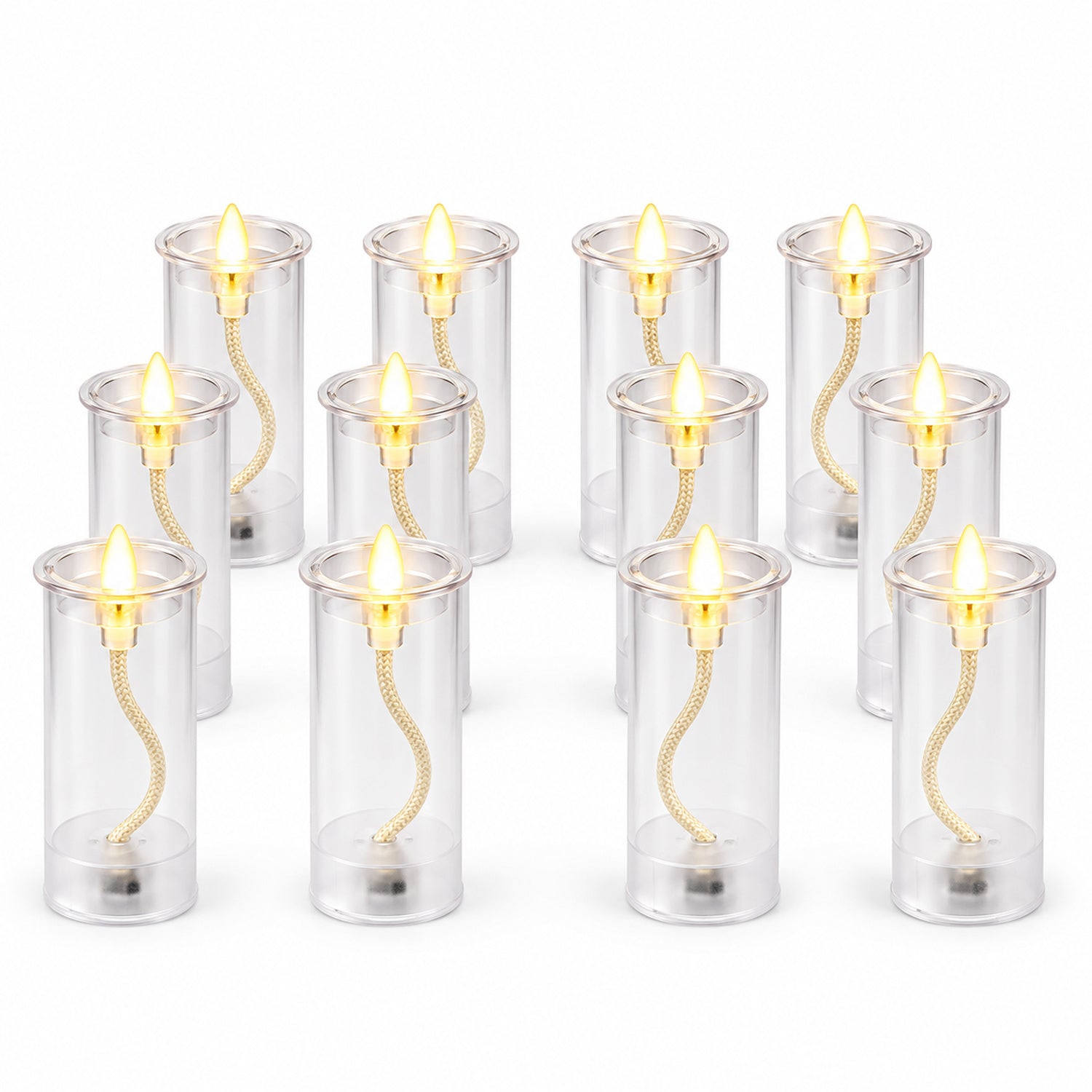 Twelve clear plastic LED swing candles with bright yellow flames, neatly arranged in three rows on a plain white background.
