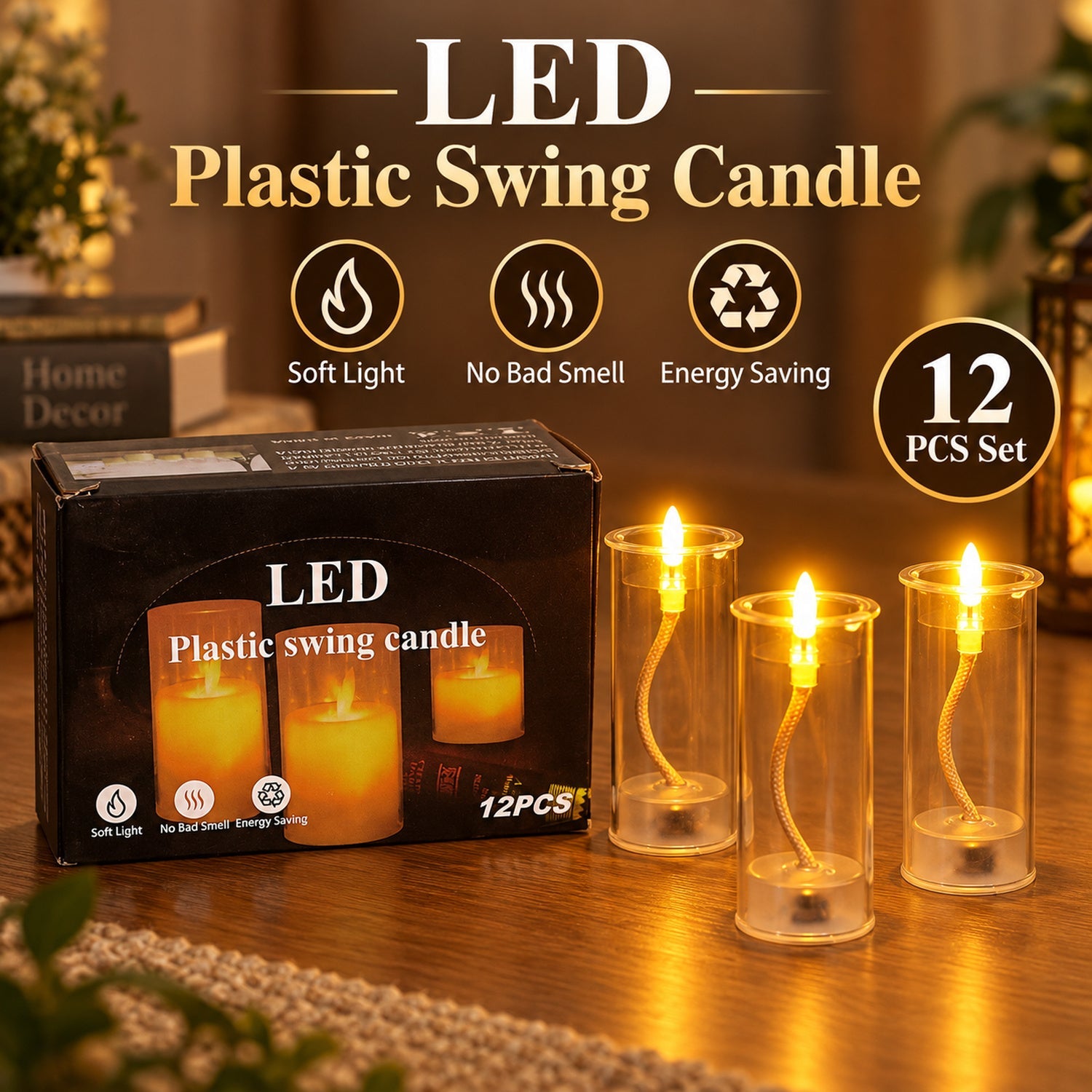 Three illuminated LED swing candles stand next to their product box, which features text about soft light and energy saving.