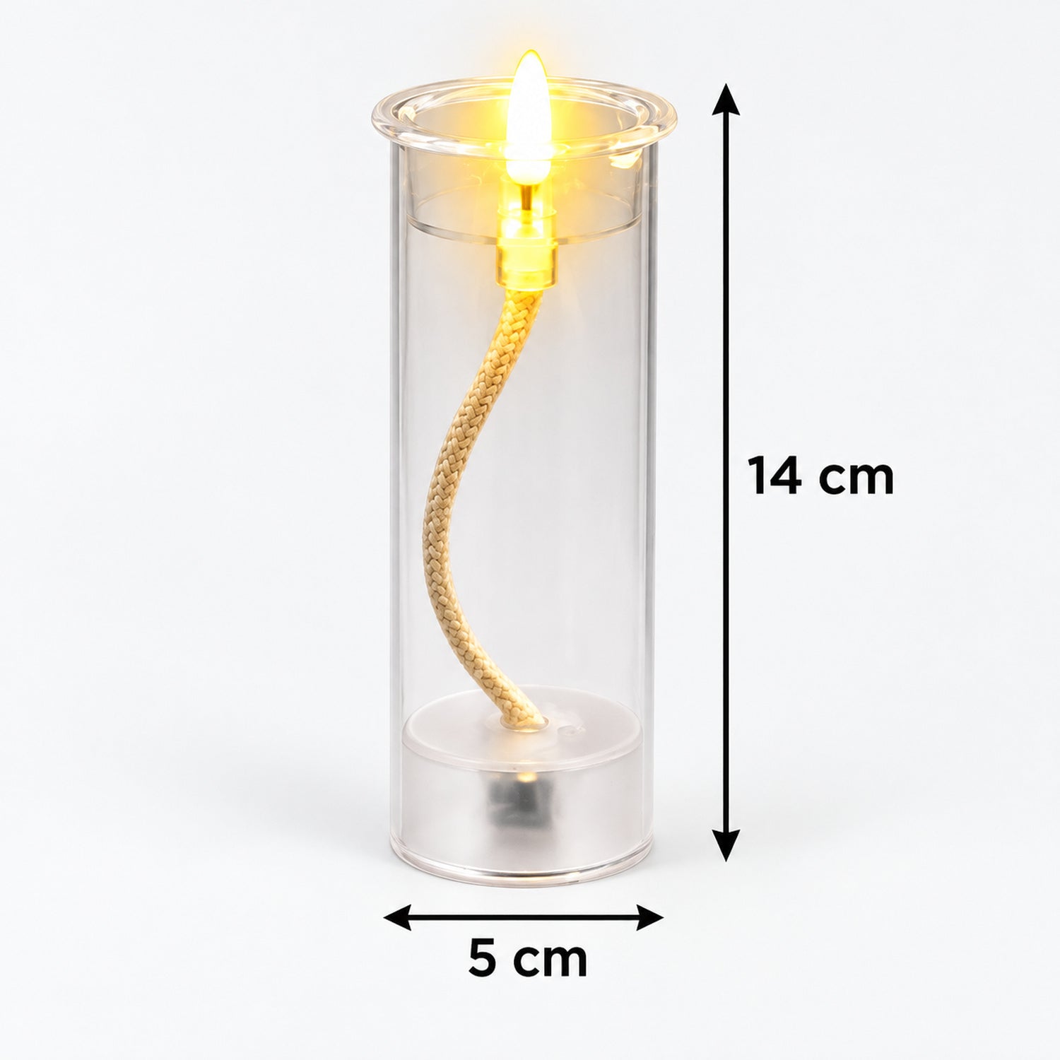 A single clear plastic LED swing candle with a glowing yellow flame, showing its 14 cm height and 5 cm width dimensions.