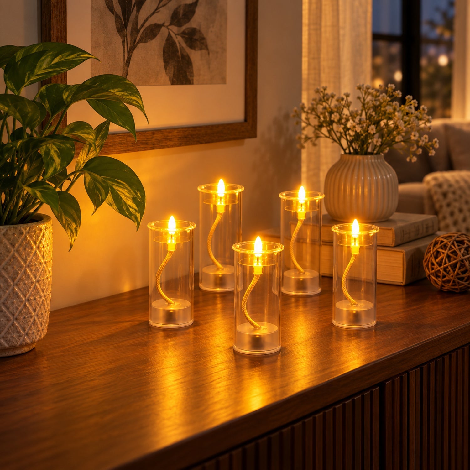 Six LED swing candles cast a warm glow on a wooden sideboard, accompanied by a potted plant and decorative items.