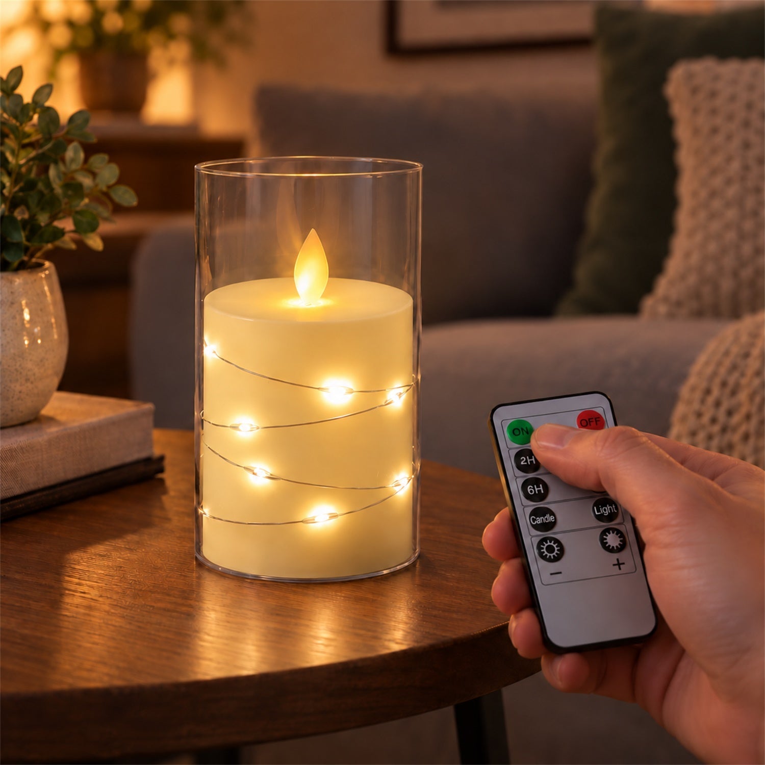 The LED candle in a glass cylinder, adorned with a string of lights, sits on a dining table set with a white tablecloth and