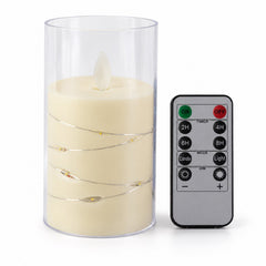 A close-up view of the LED candle in its glass cylinder, with the decorative light wire, showing its dimensions of 14 cm