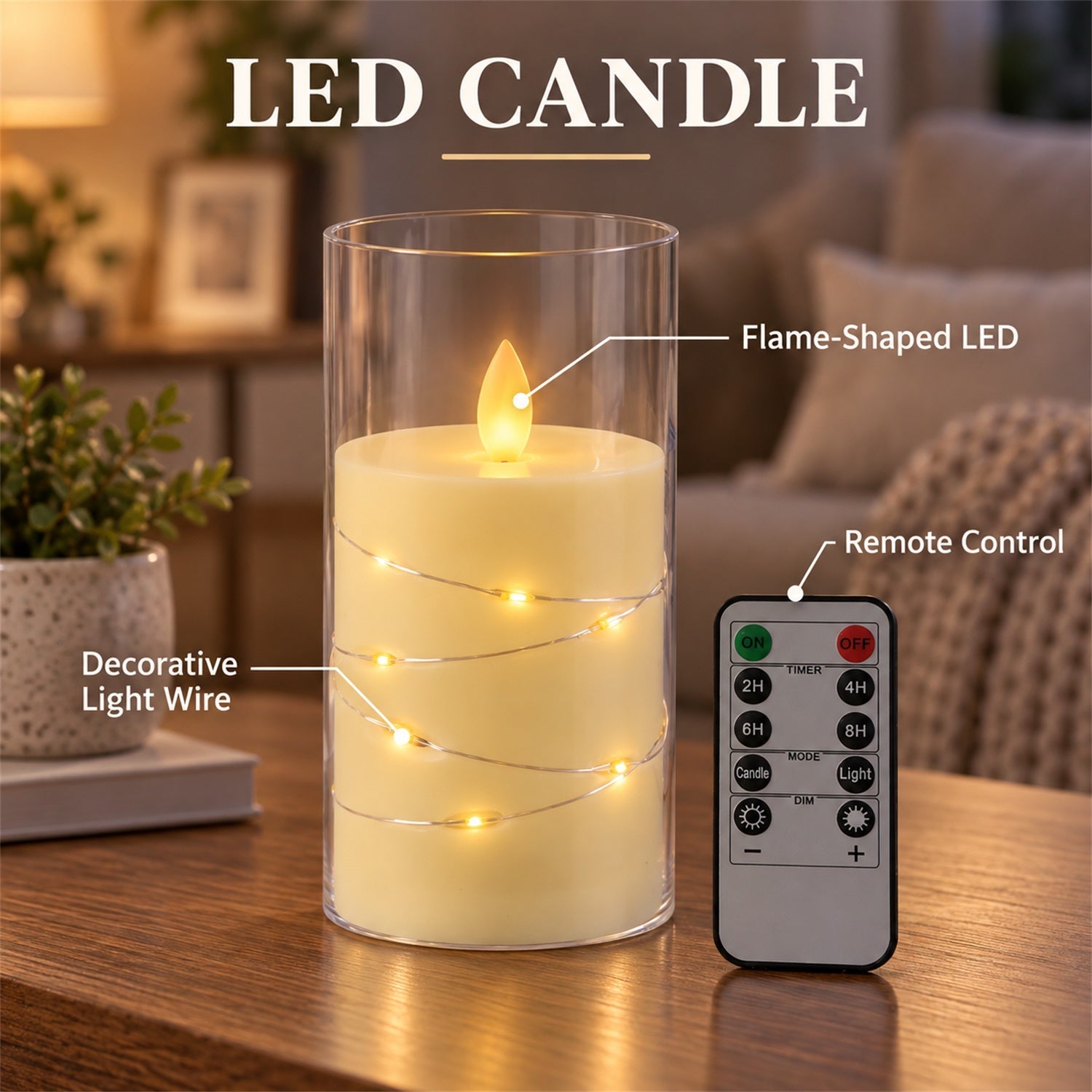 A hand gently touches the LED candle in its glass cylinder, which glows on a bedside table next to the remote control in a