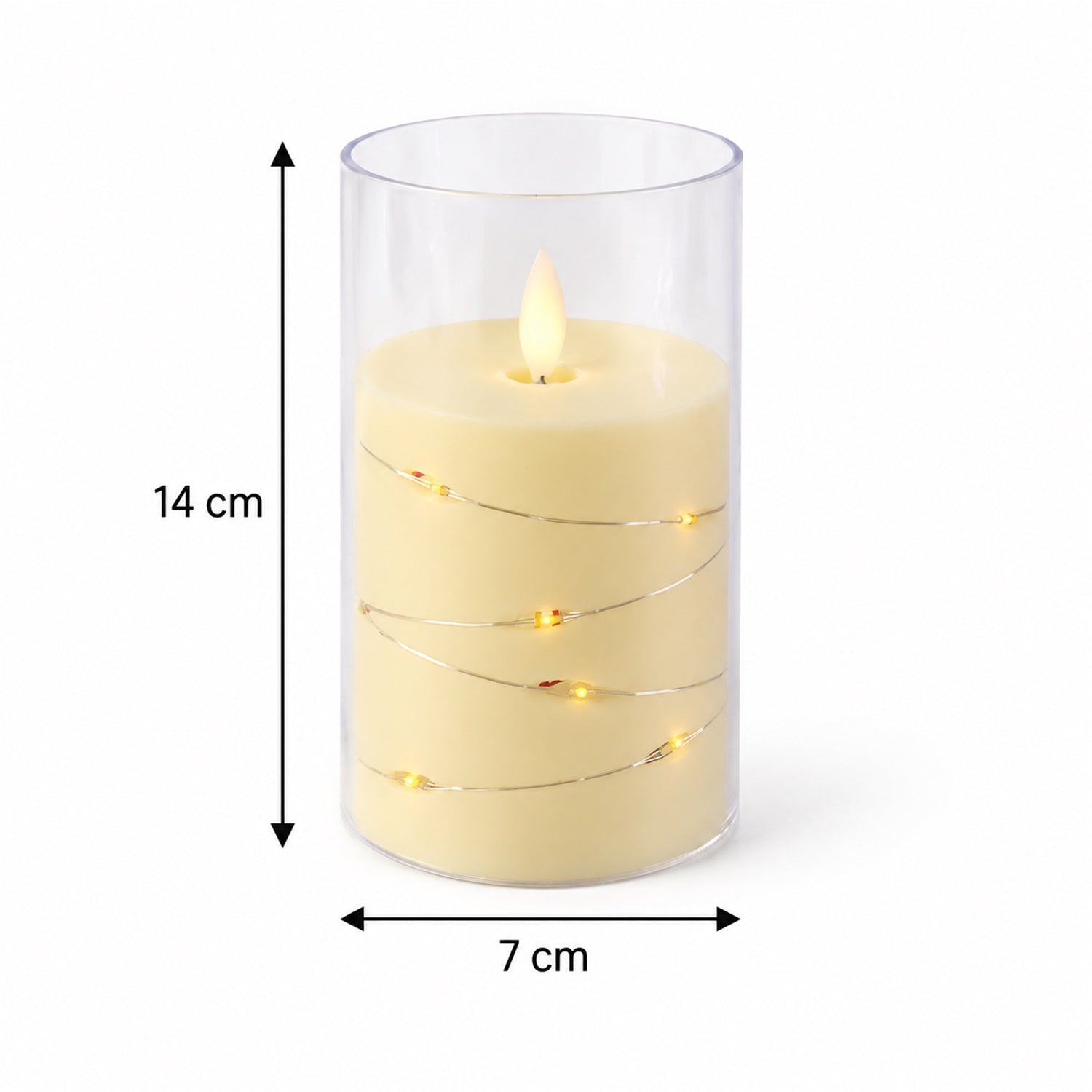 The LED candle in a glass cylinder, with the decorative light wire, is shown with labels pointing to its flame-shaped LED