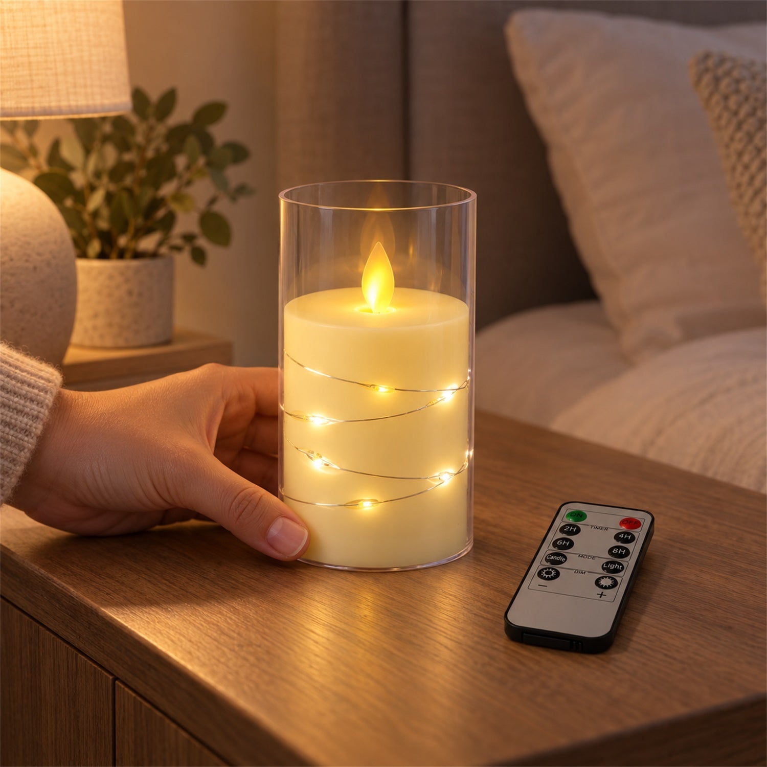 The LED candle in a clear glass cylinder, with the decorative light wire, is displayed next to its black packaging box on a