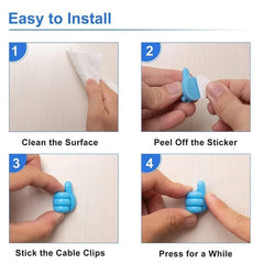 Four step-by-step instructions show how to clean a surface, peel the sticker, stick the clip, and press it for installation.