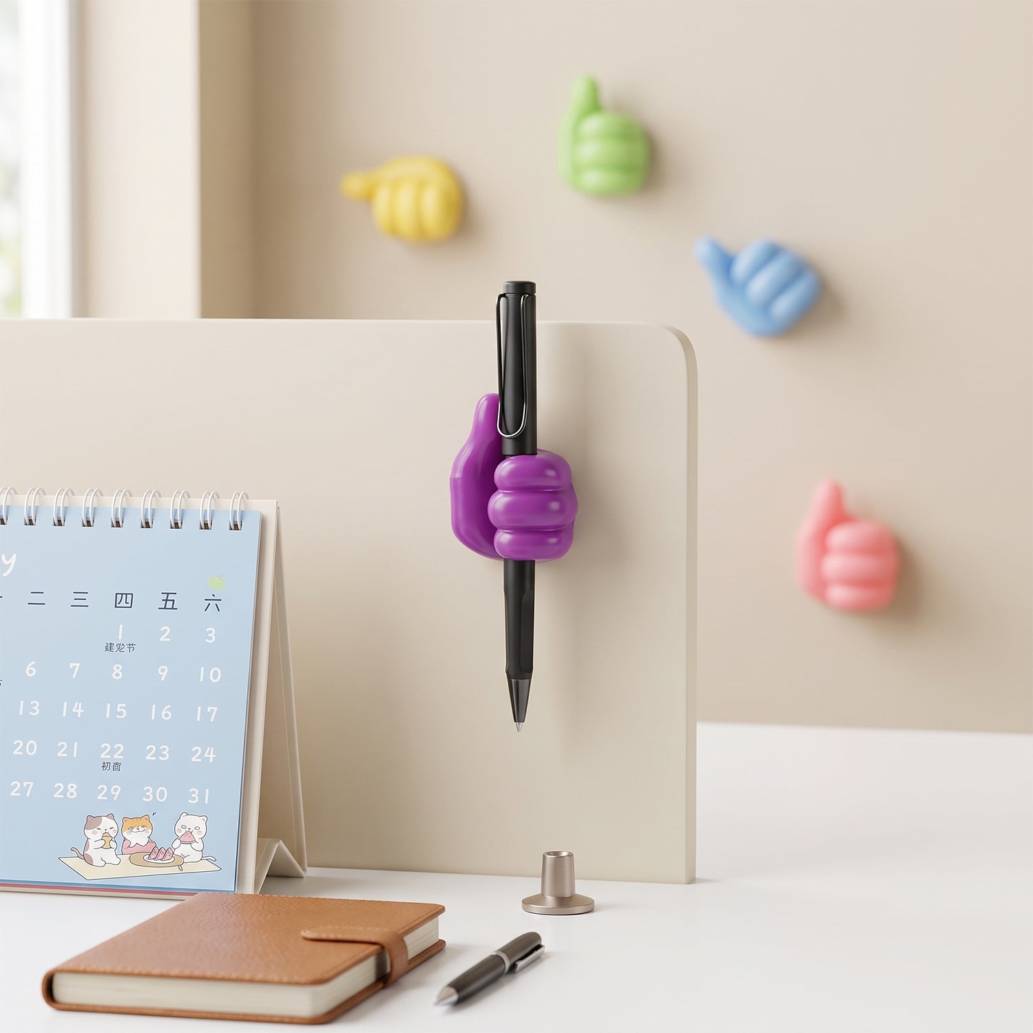 A purple thumbs-up clip holds a black pen on a desk divider, with other colourful clips on the wall in the background.