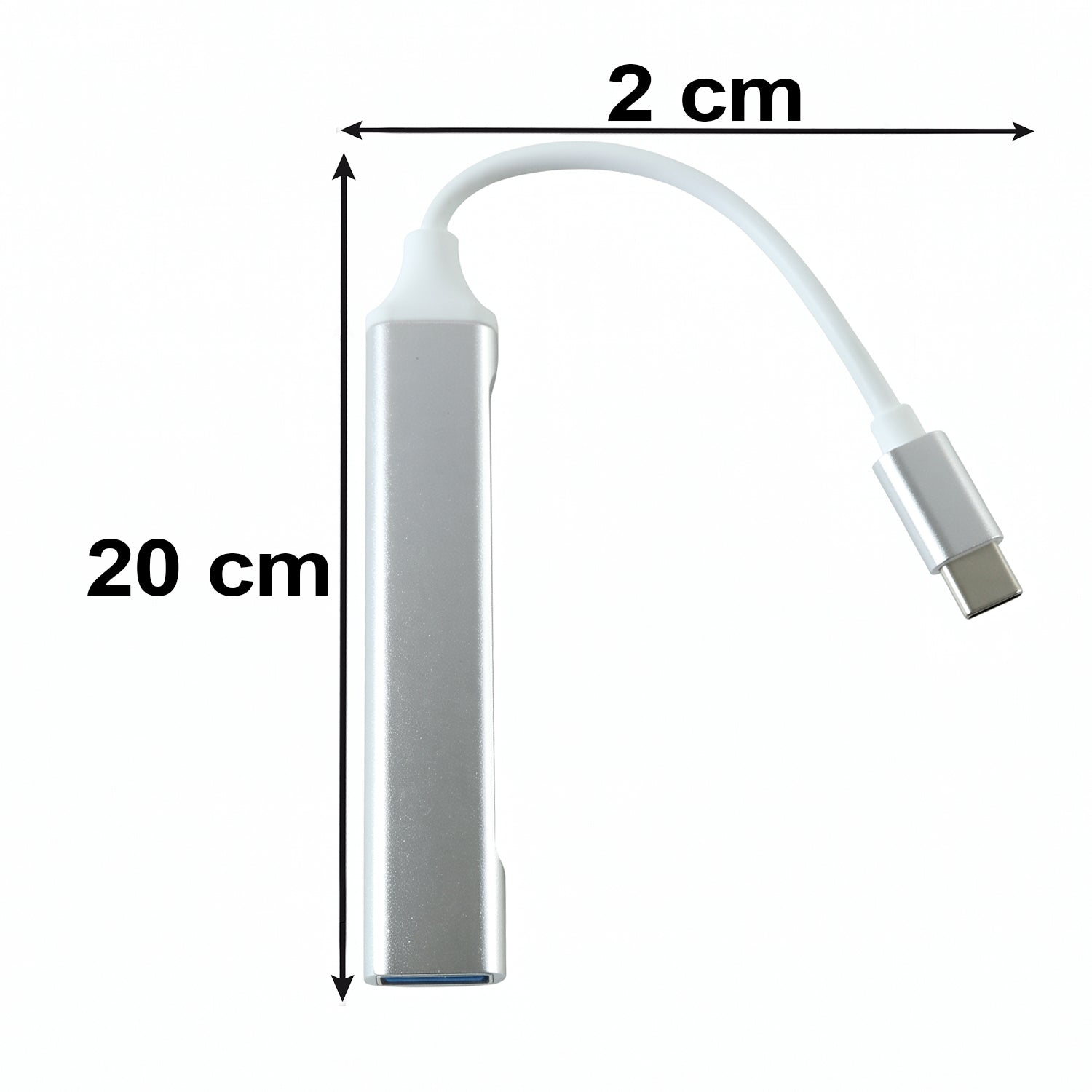 A silver Type C to four-port USB hub with a white cable and Type C connector, showing dimensions of 20cm and 2cm.