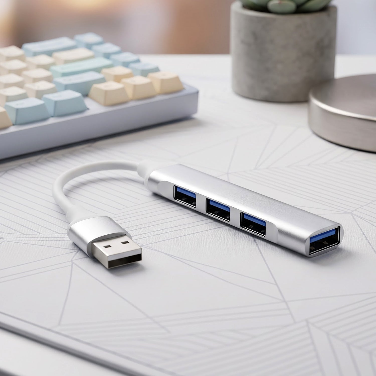 Silver 4-port USB hub with a white cable on a white desk with a keyboard and plant in the background.