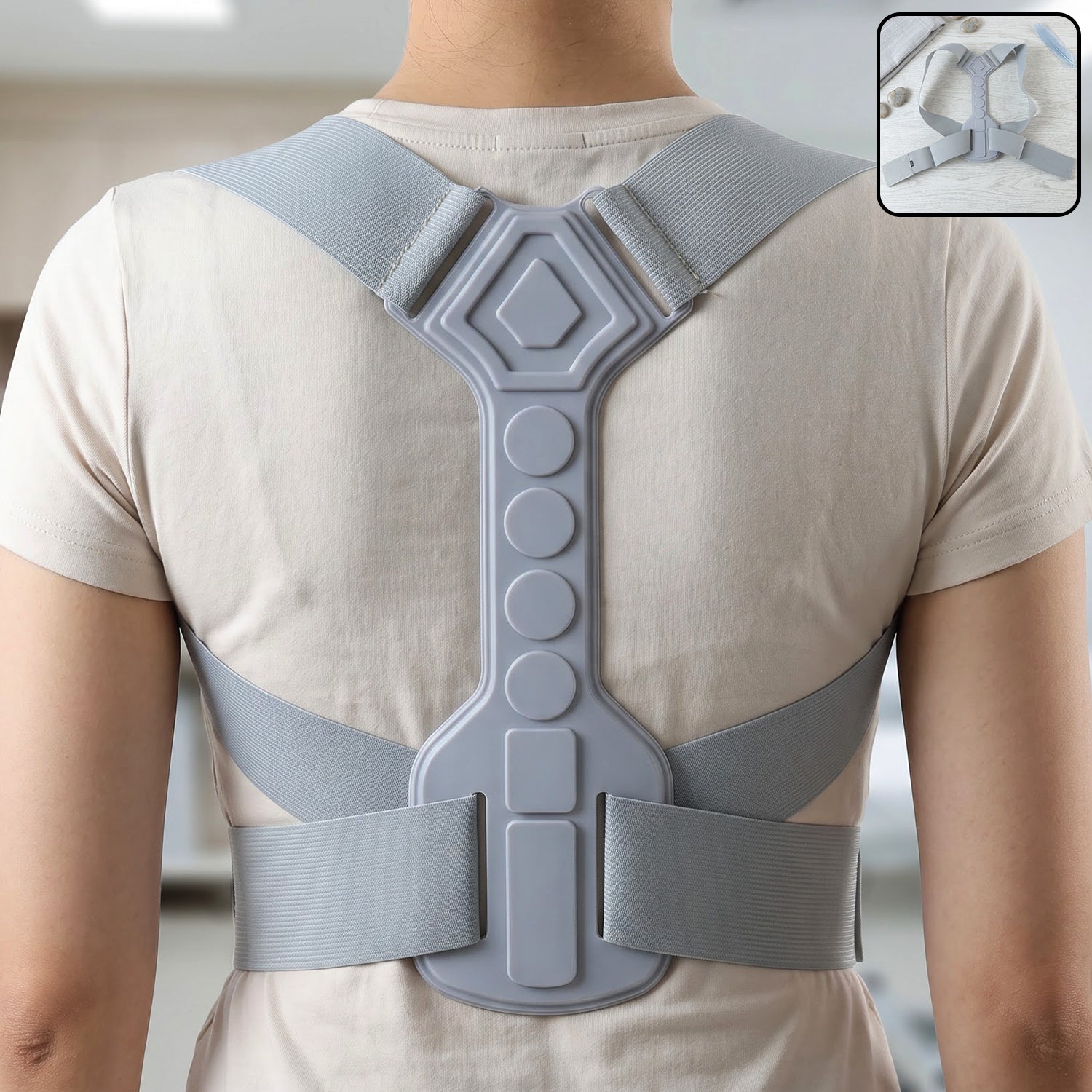 Back view of a person wearing a light gray posture corrector with a rigid central support and elastic straps.