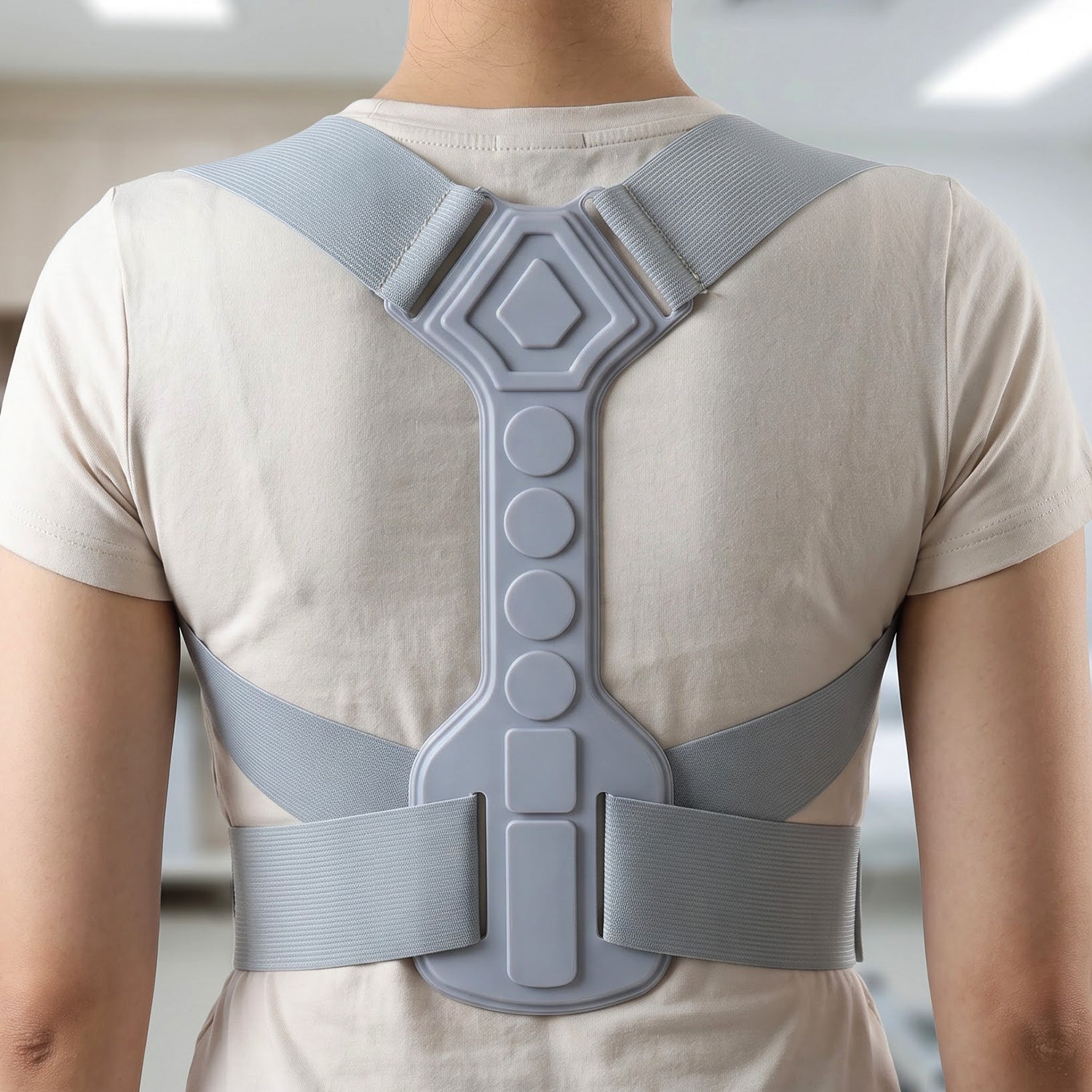 Back view of a person wearing a light gray posture corrector with a rigid central support and elastic straps. â€“ view 3