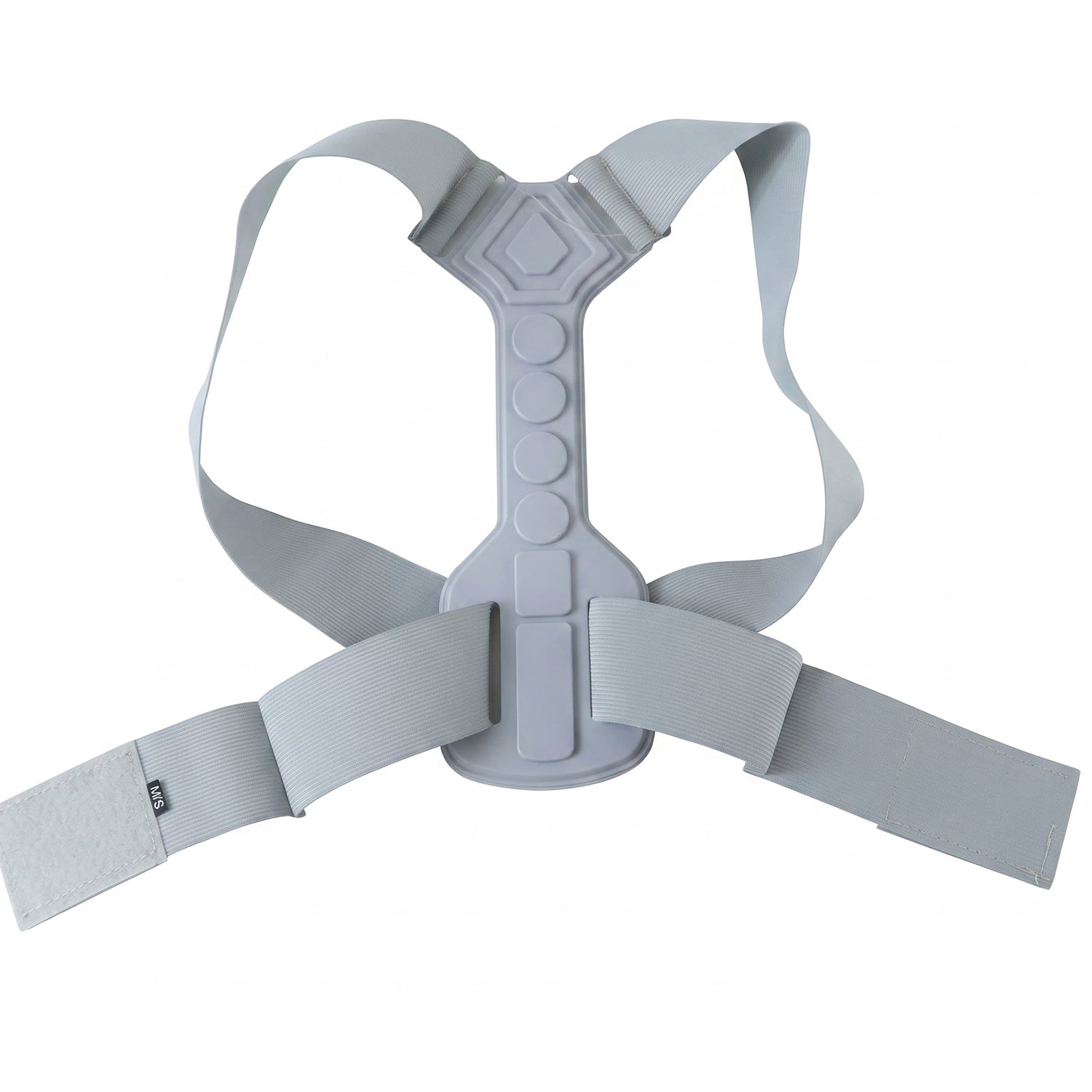 The gray posture corrector laid flat on a white background, showing the rigid central support and adjustable straps.