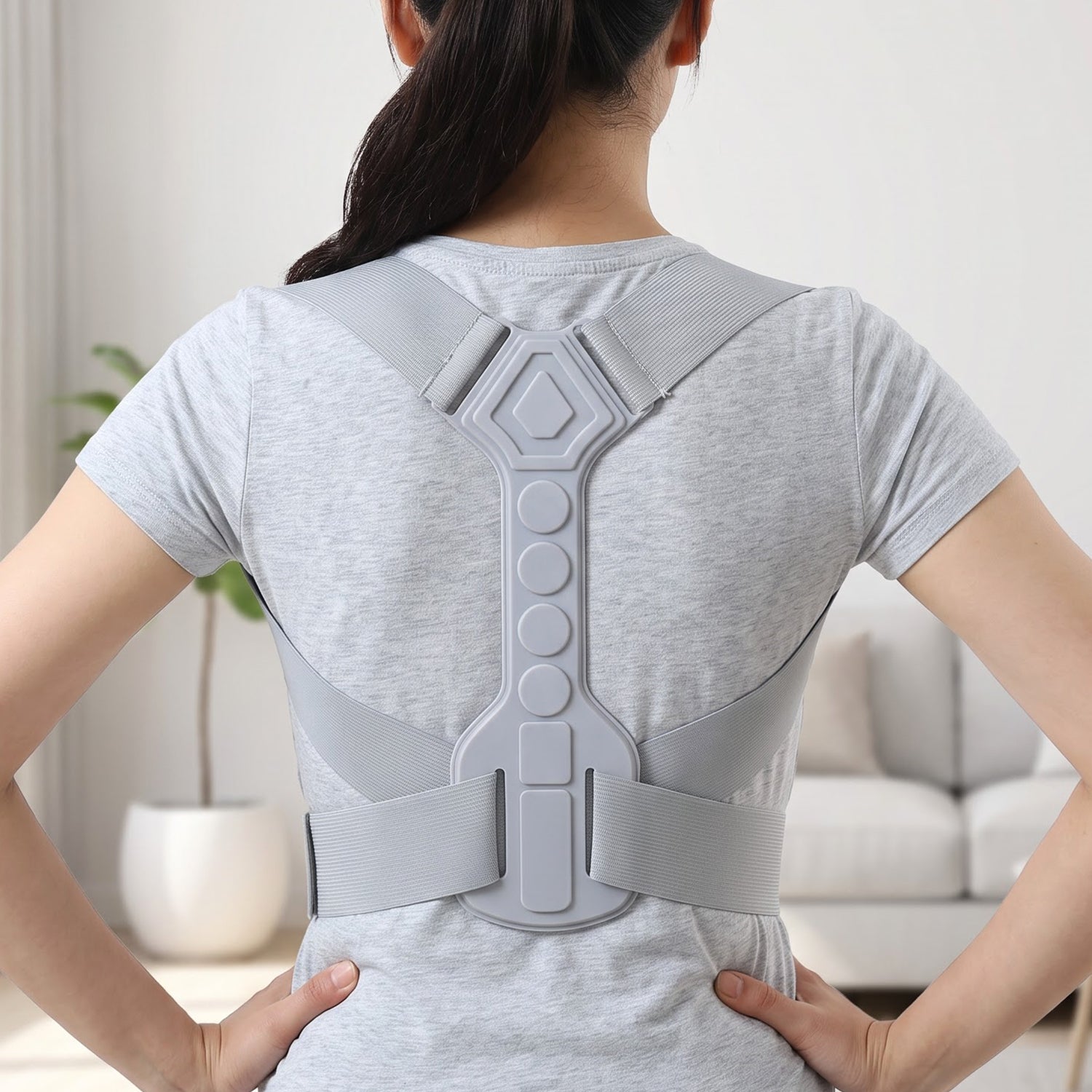 Back view of a person wearing a light gray posture corrector, standing with hands on hips in a bright room.