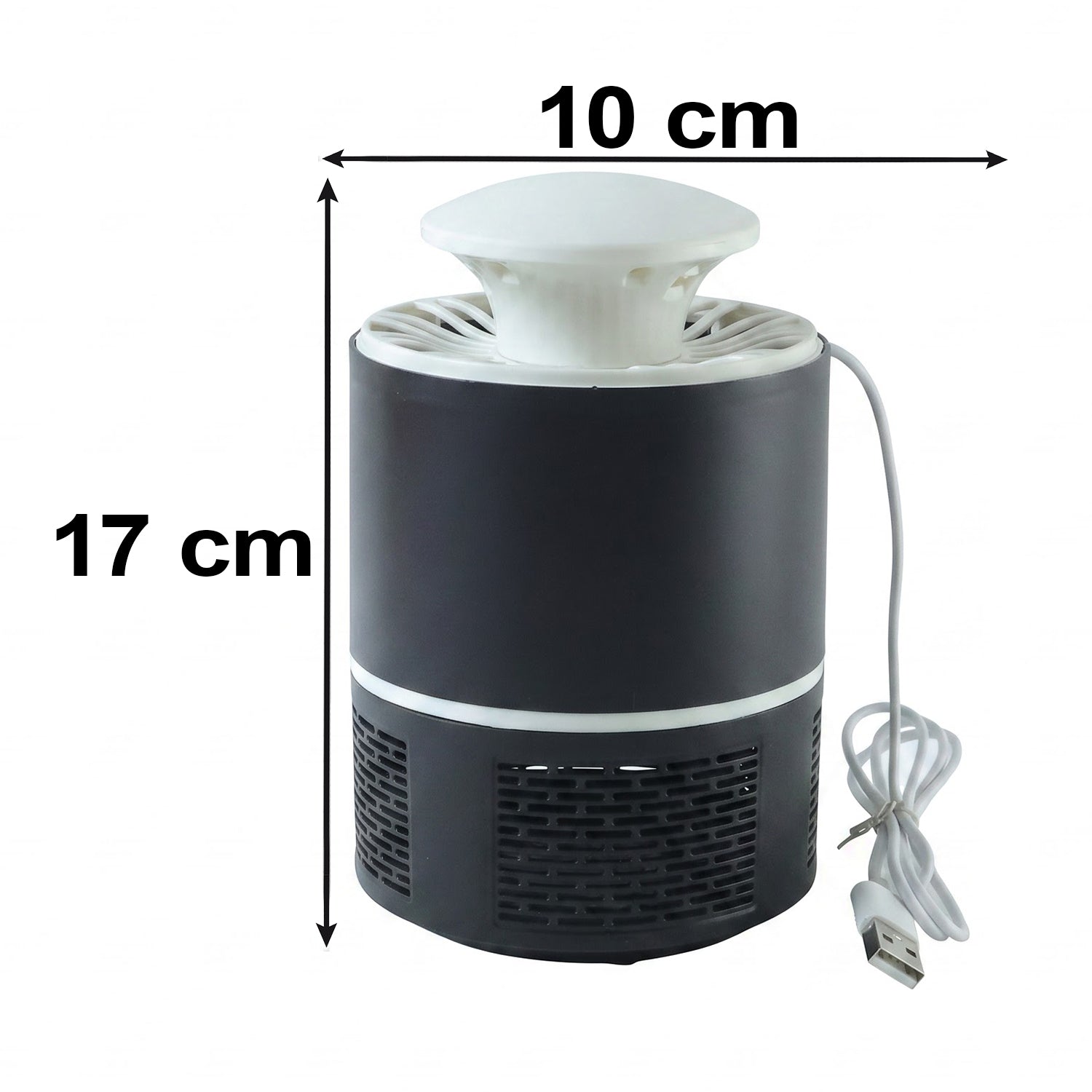 Black and white mosquito killer lamp with dimensions of 17 cm height and 10 cm width indicated.
