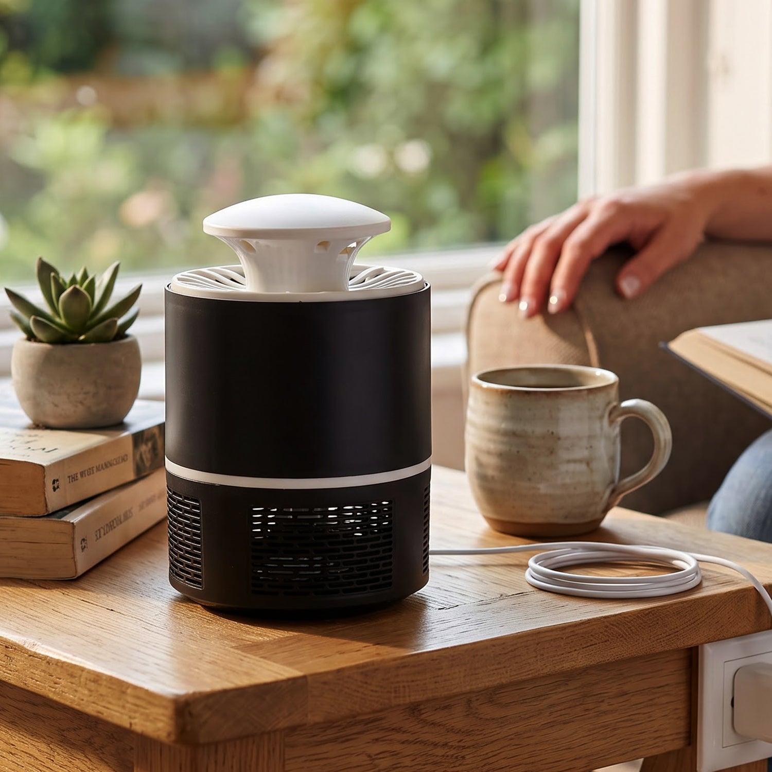 Black and white mosquito killer lamp on a wooden table next to a mug, books, and a person's hand.