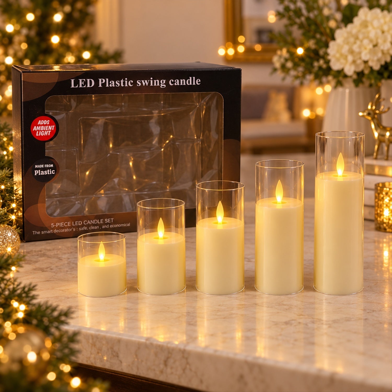 Five flameless LED pillar candles with clear plastic sleeves, varying in height, illuminate a festive setting with warm