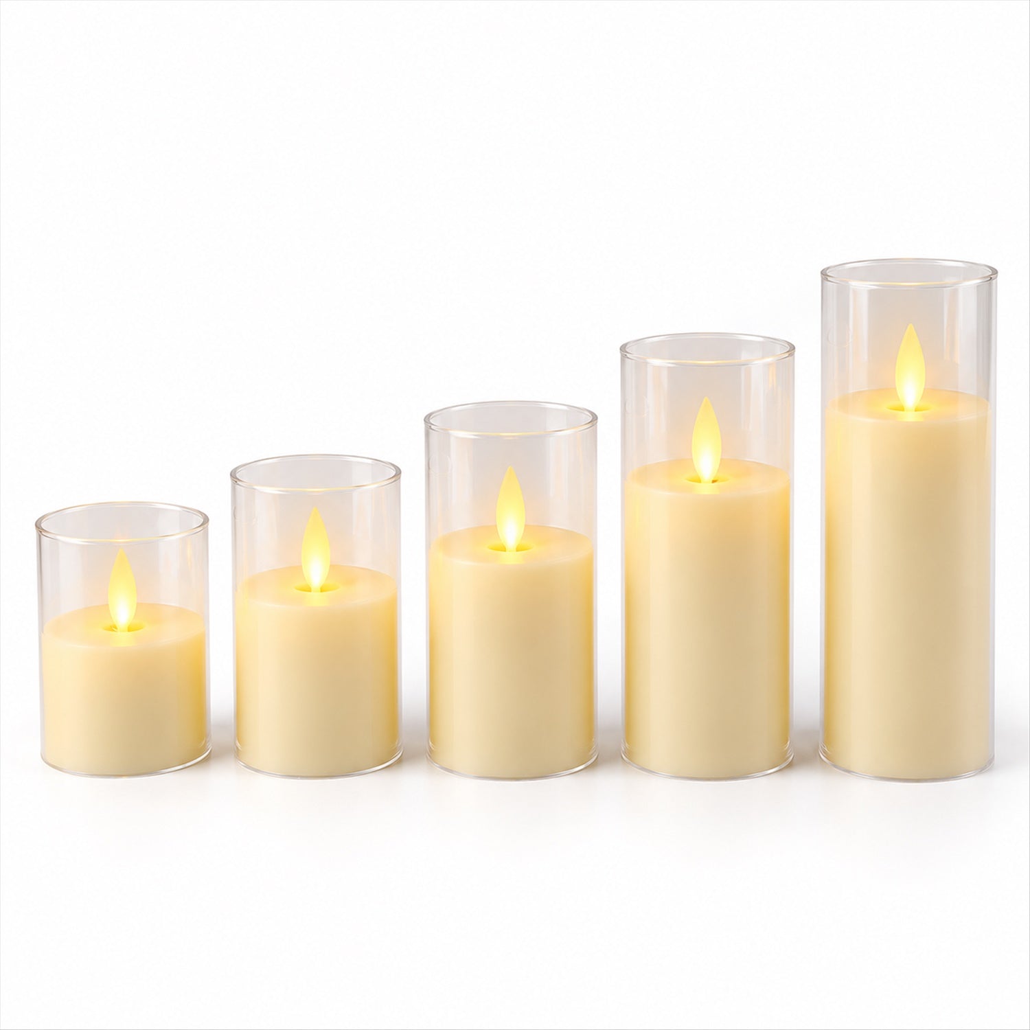 Five flameless LED pillar candles, each encased in a clear plastic sleeve, stand in a row on a white background, varying in